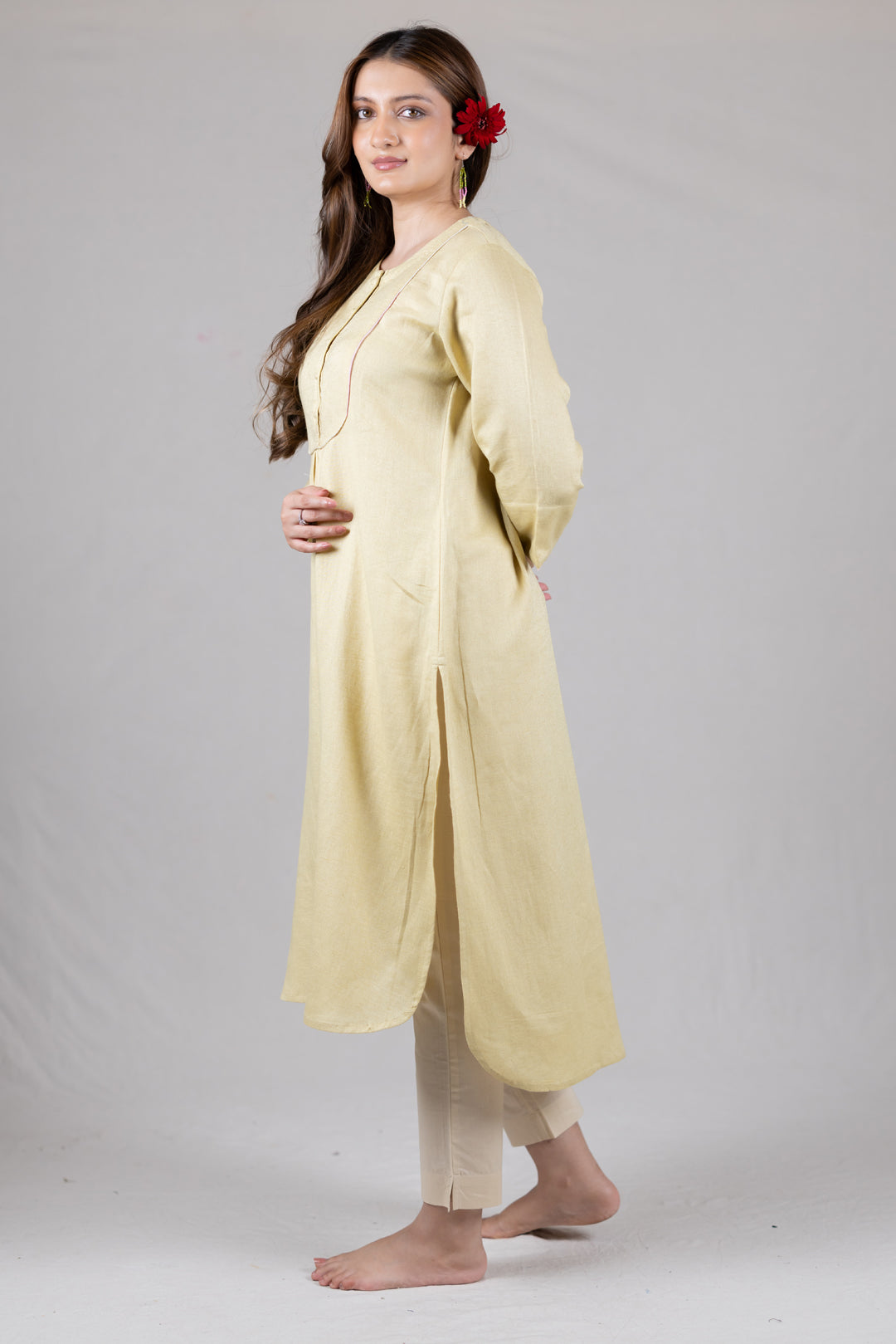 Cotton Kurta in Soft Yellow for Women - Sahaj