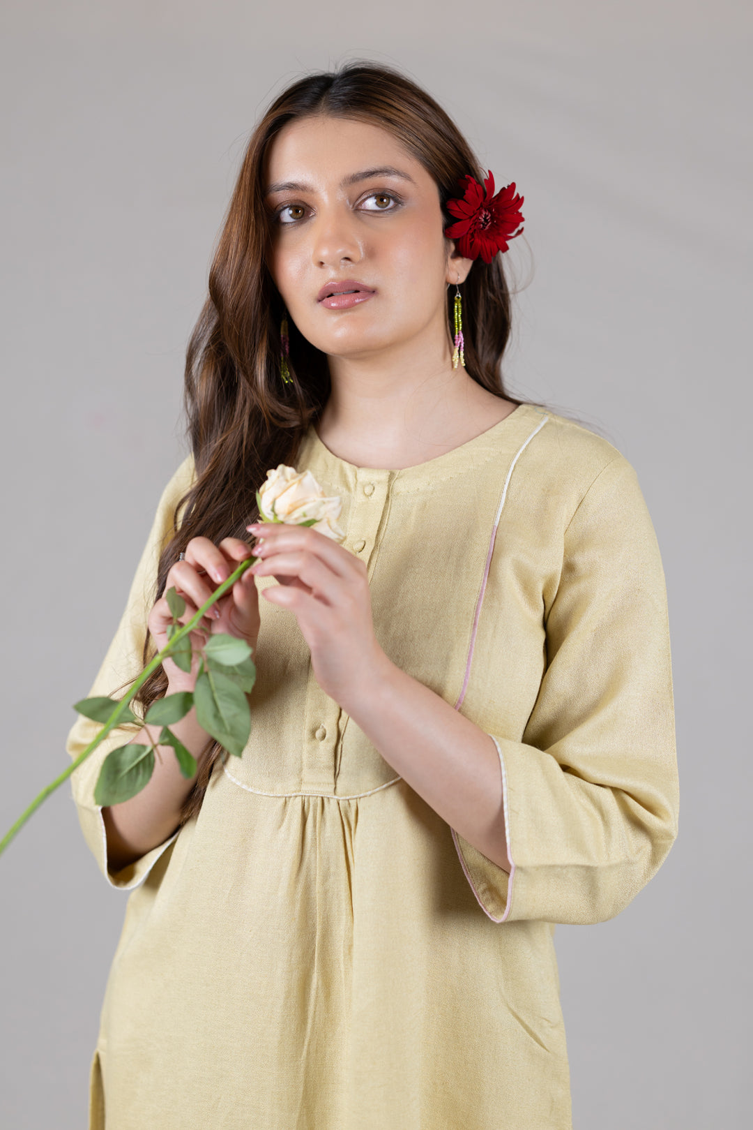 Cotton Kurta in Soft Yellow for Women - Sahaj