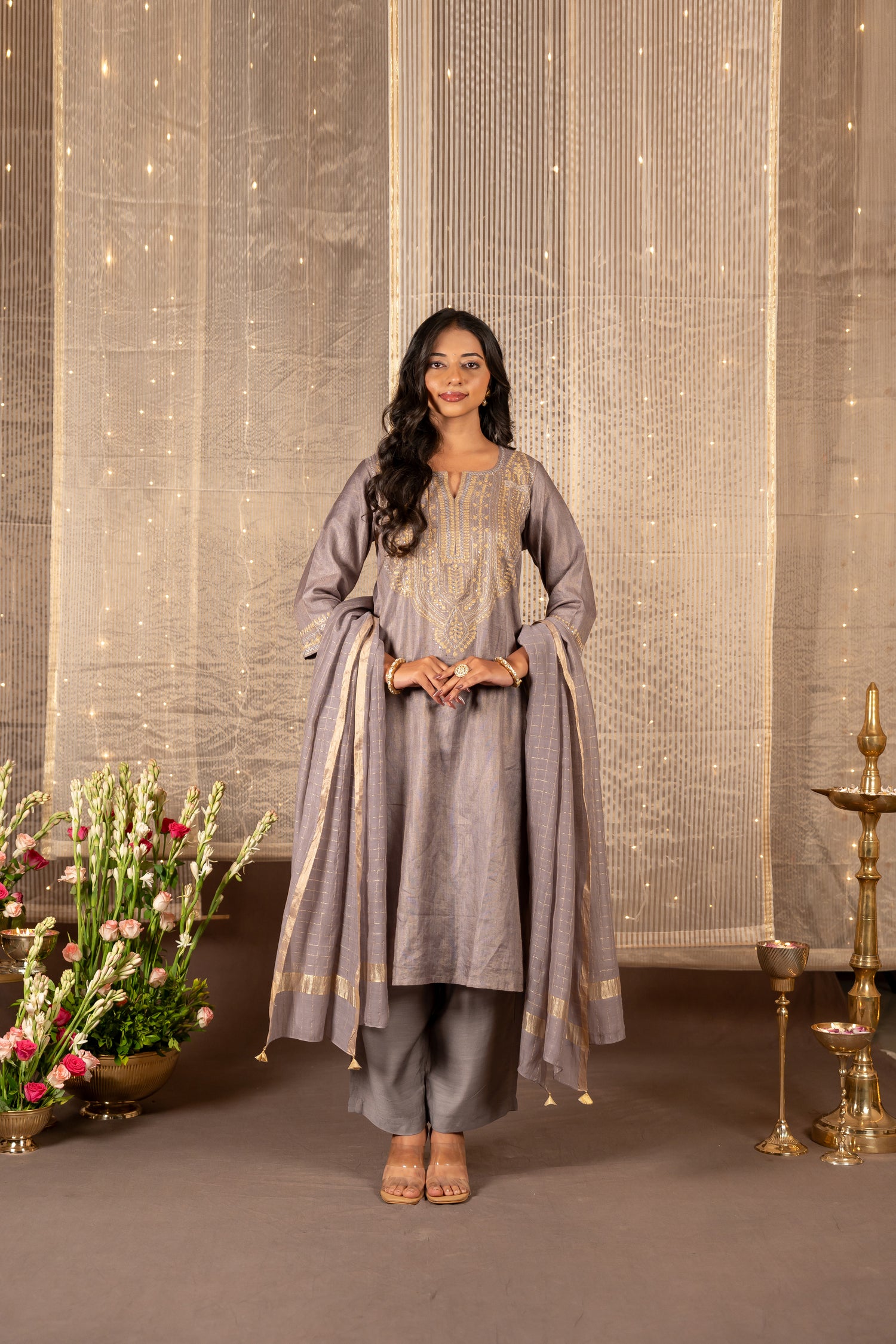 Ray Ethnic The Ira Steel Grey Silk Tissue Set of Three with Hand Embroidery
