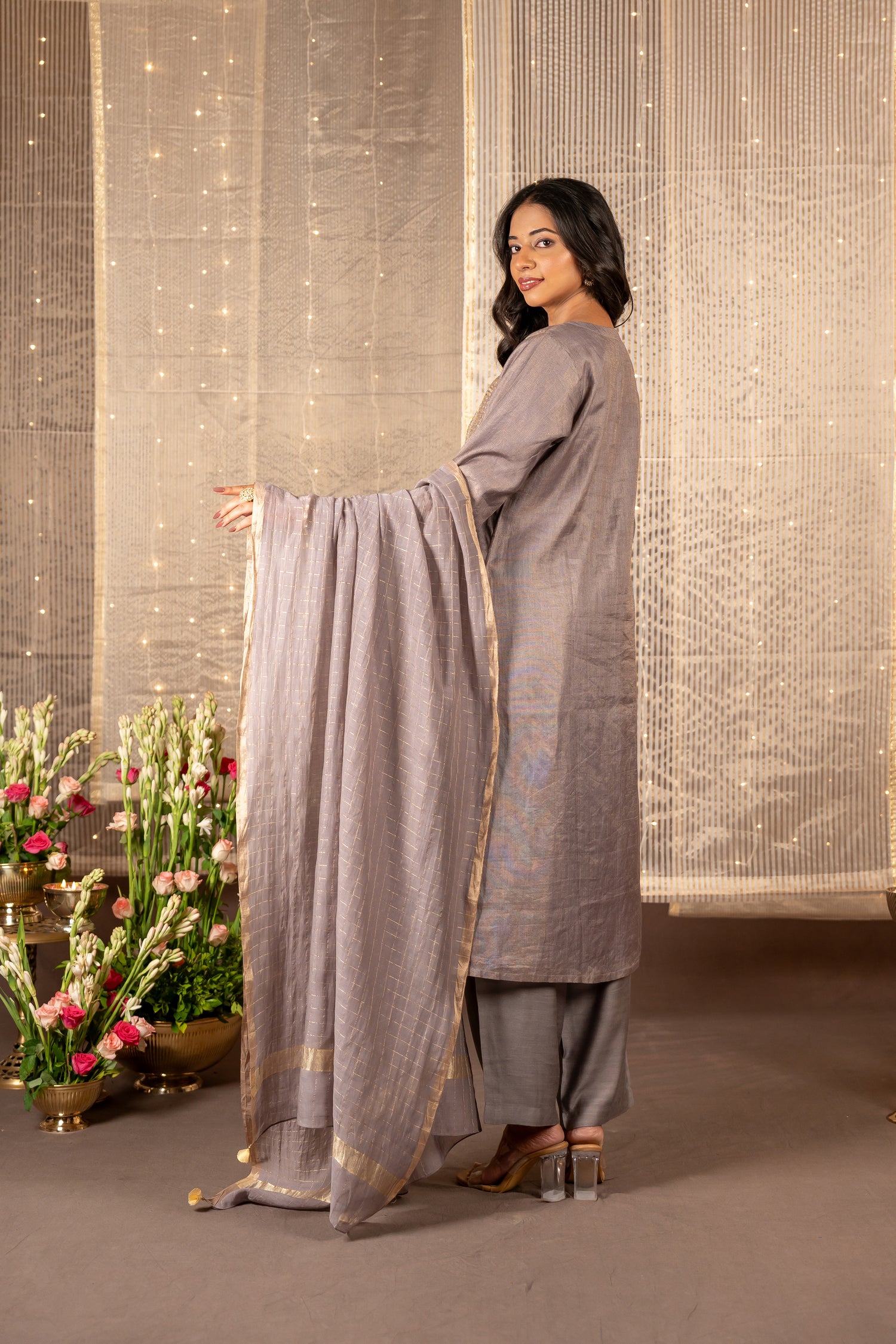 Ray Ethnic The Ira Steel Grey Silk Tissue Set of Three with Hand Embroidery