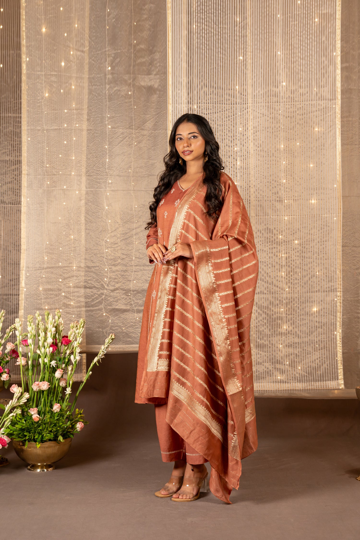 Ray Ethnic The Ira Brown Cotton Silk Kurta Set of Three with Hand Embroidery