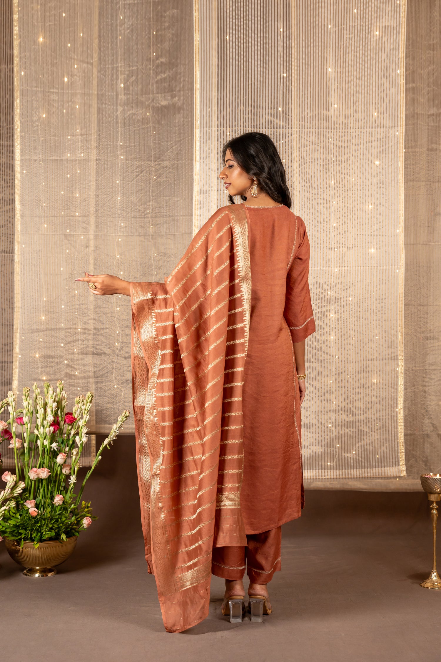 Ray Ethnic The Ira Brown Cotton Silk Kurta Set of Three with Hand Embroidery