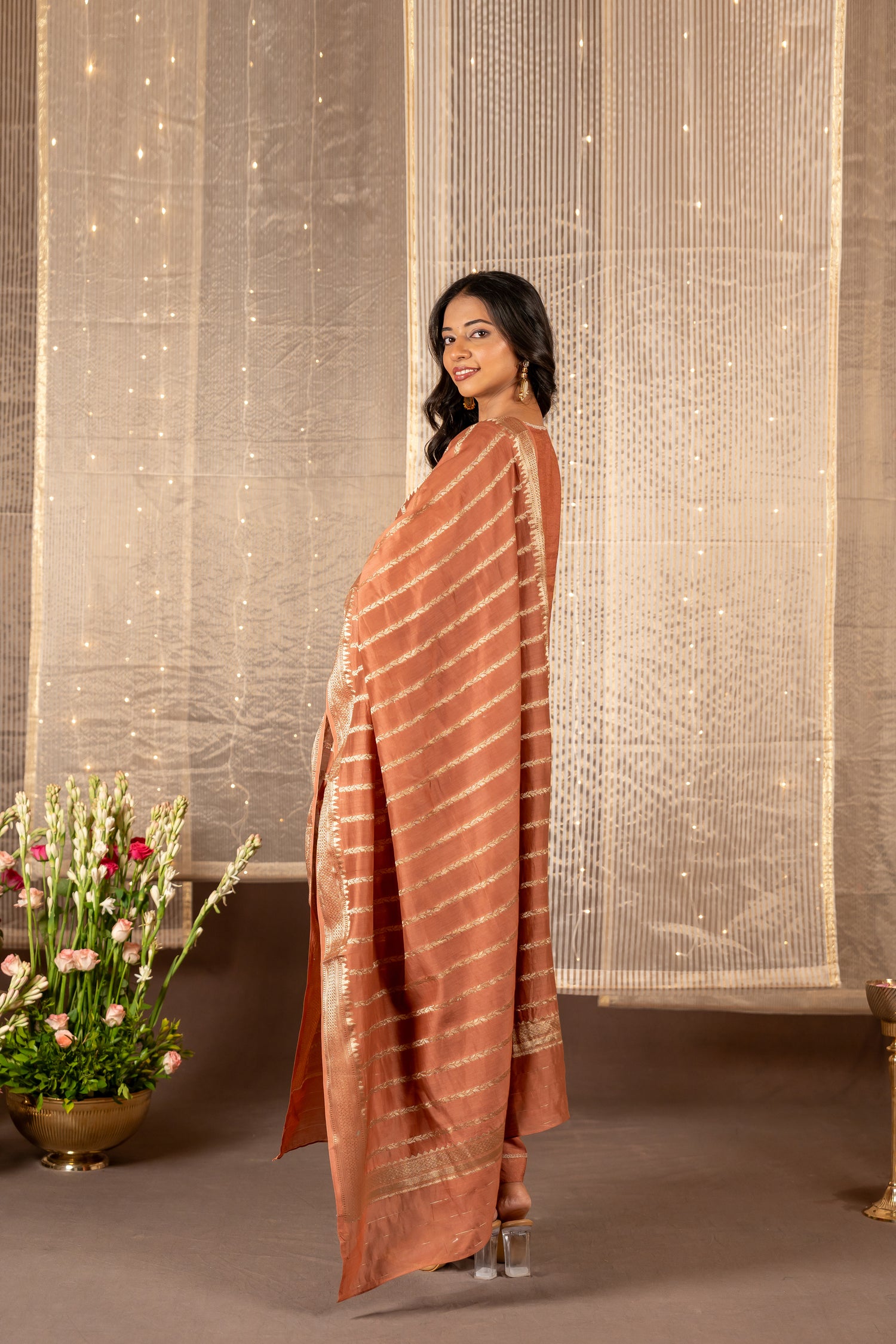 Ray Ethnic The Ira Brown Cotton Silk Kurta Set of Three with Hand Embroidery