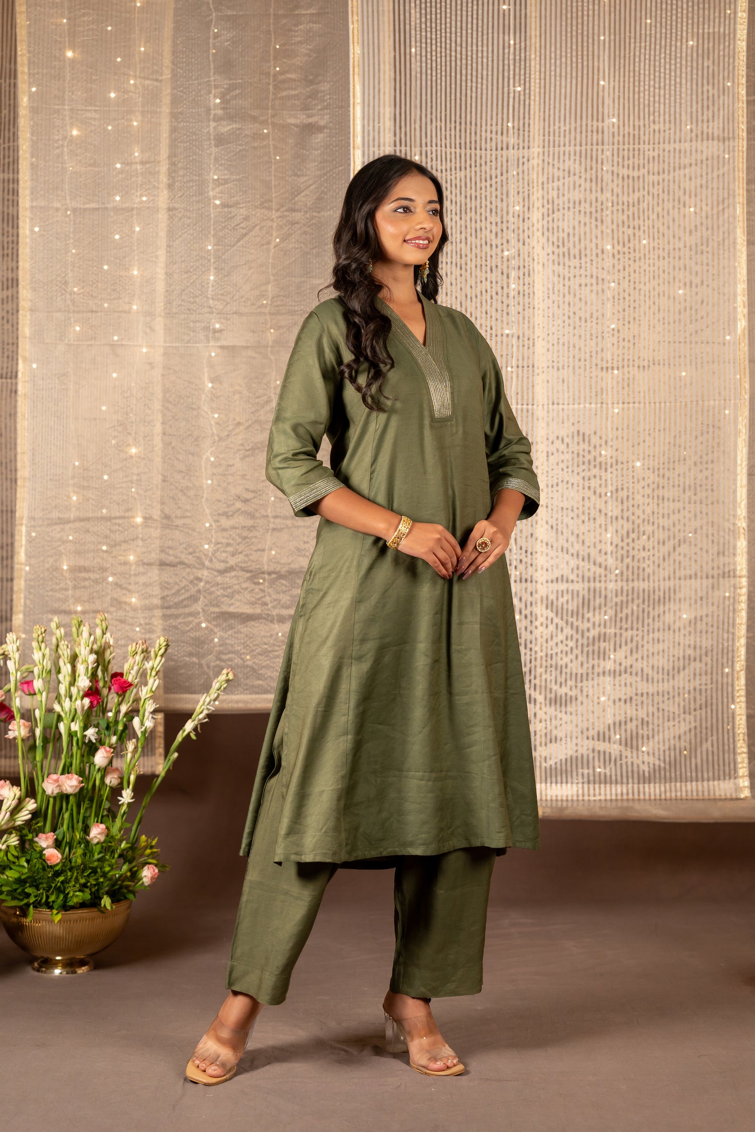 Ray Ethnic Ira - Dusty Green Silk Tissue Kurta Set of 2