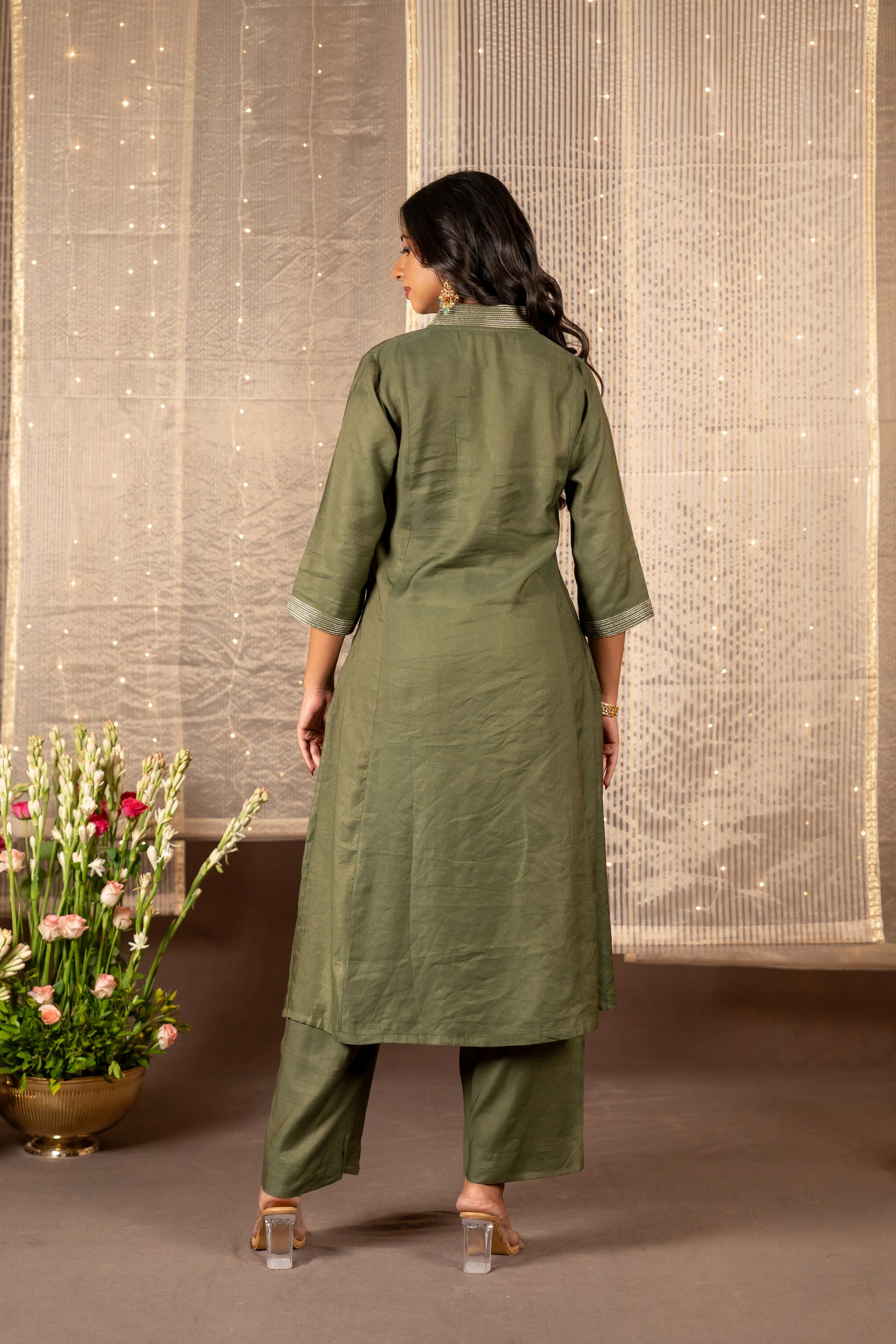 Ray Ethnic Ira - Dusty Green Silk Tissue Kurta Set of 2