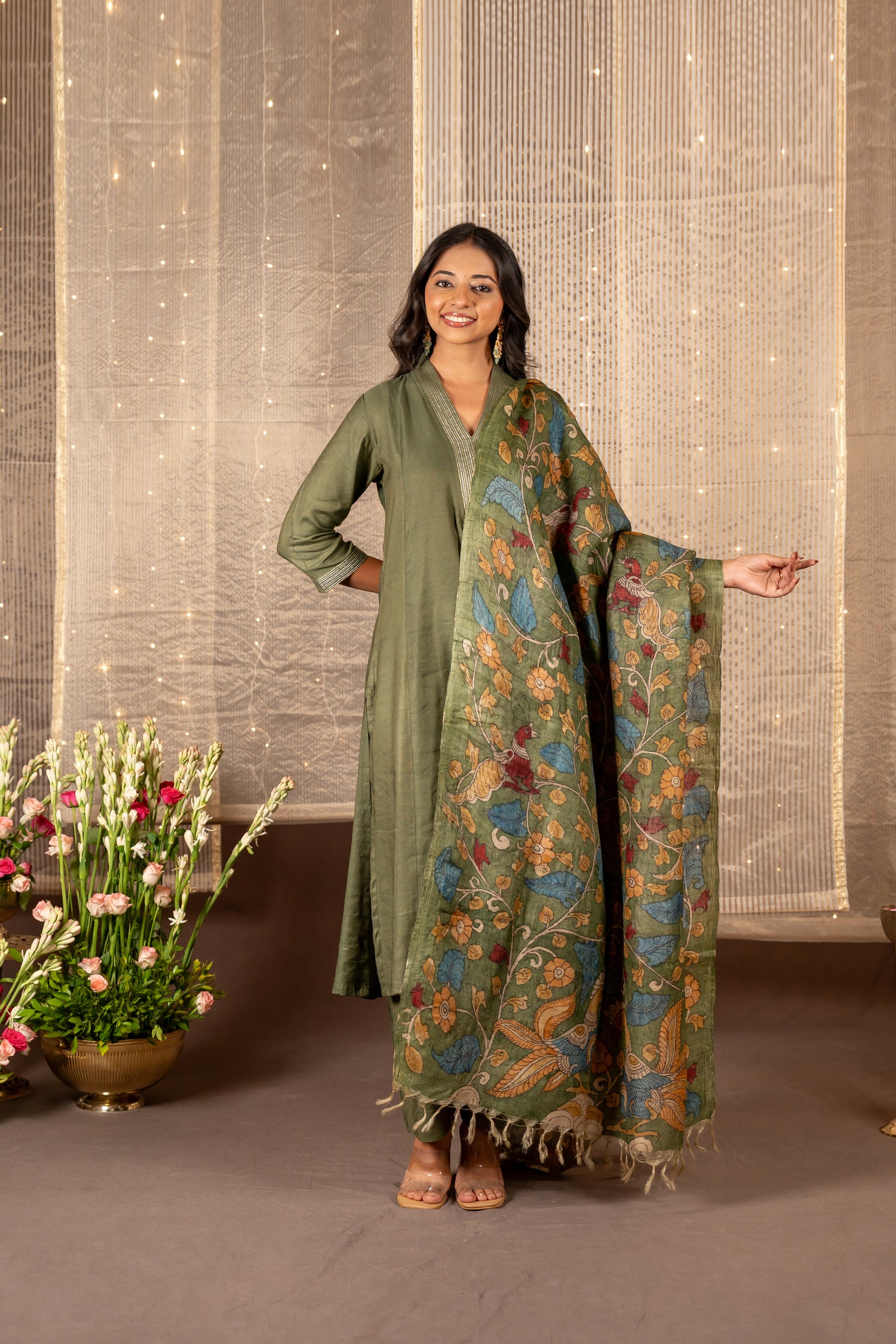 Ray Ethnic Ira - Dusty Green Silk Tissue Kurta Set of 2