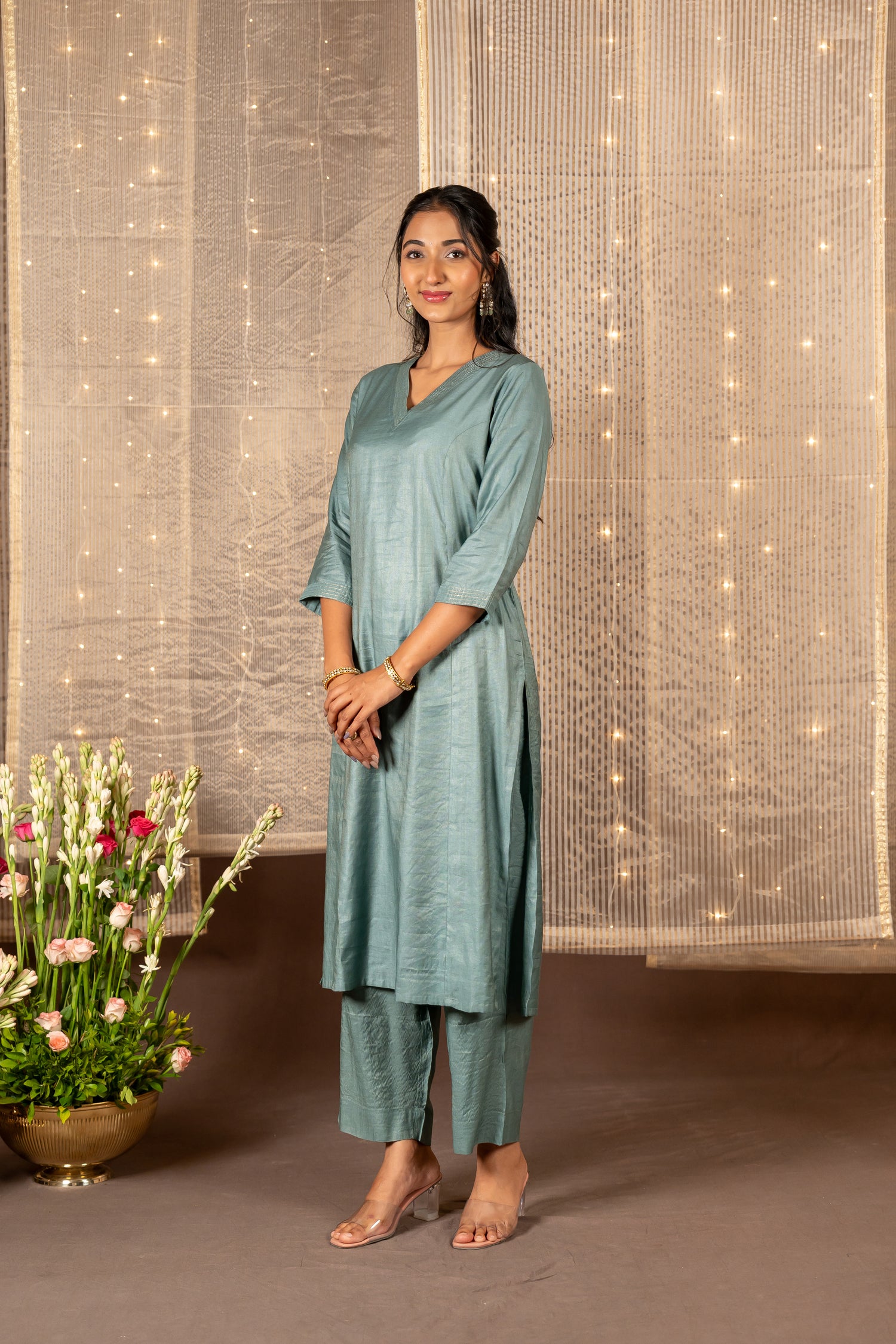 Ira Sea Green Silk Tissue Striped Kurta Set of 2 with Zari Detailing | Ray Ethnic