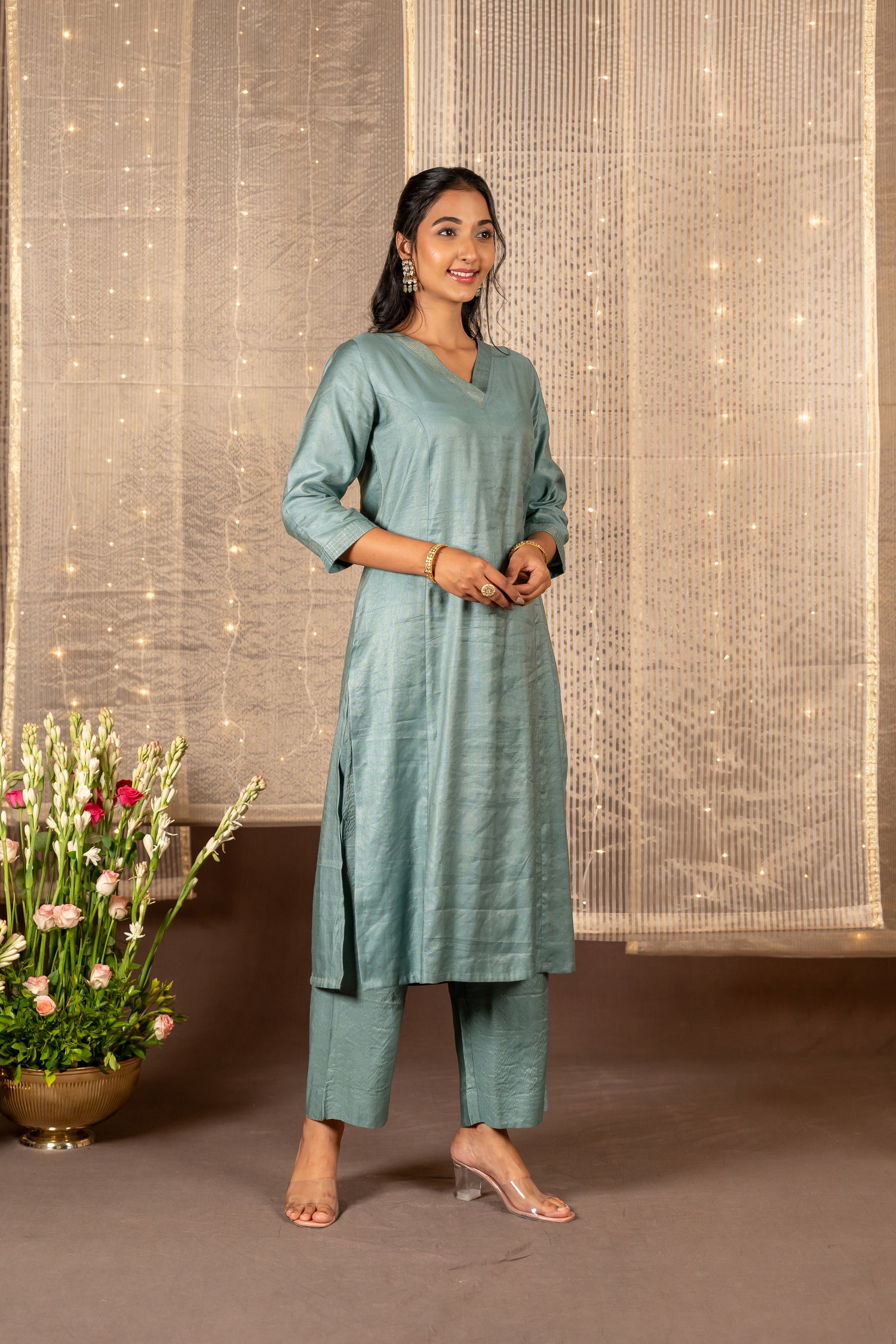 Ira Sea Green Silk Tissue Striped Kurta Set of 2 with Zari Detailing | Ray Ethnic
