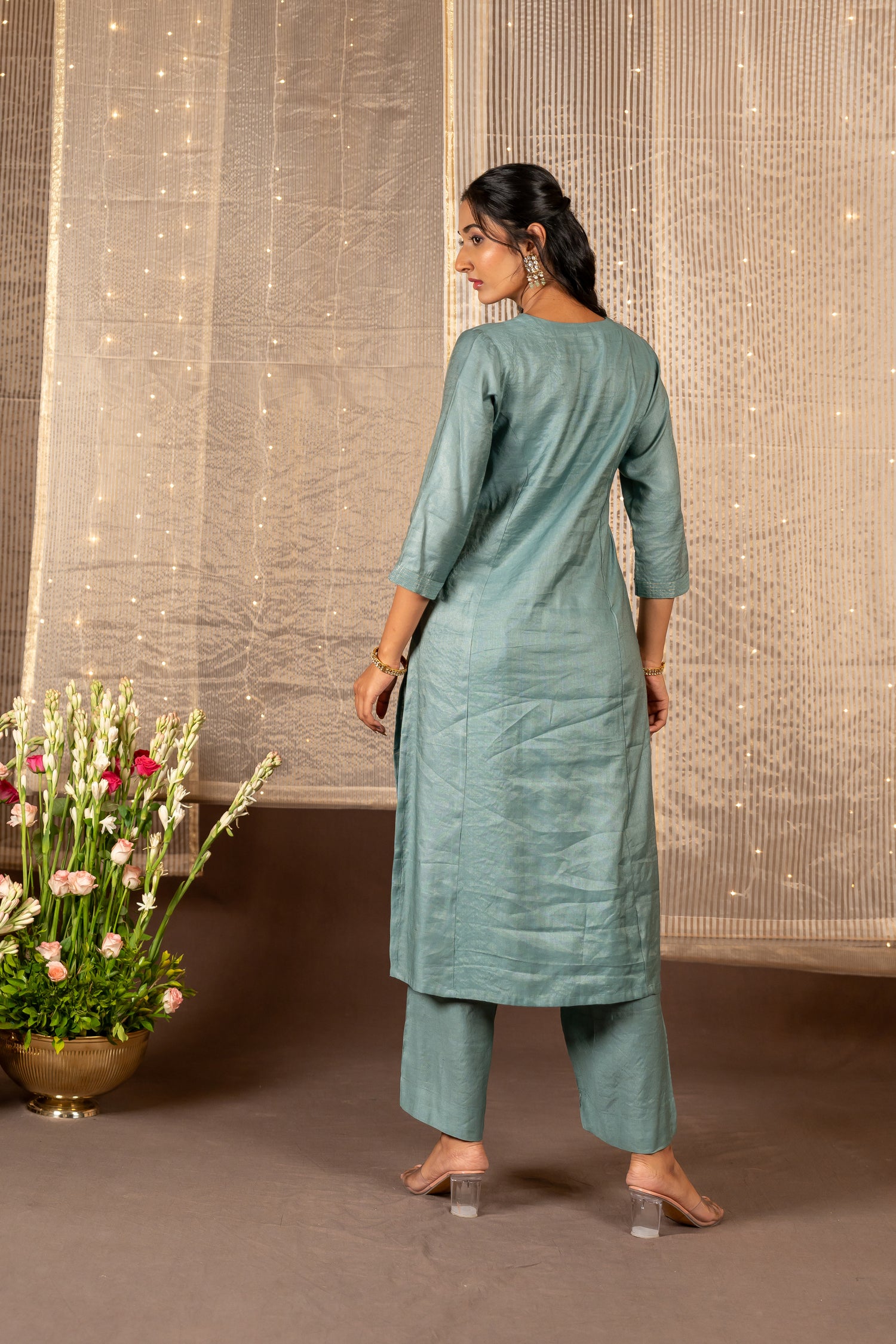 Ira Sea Green Silk Tissue Striped Kurta Set of 2 with Zari Detailing | Ray Ethnic