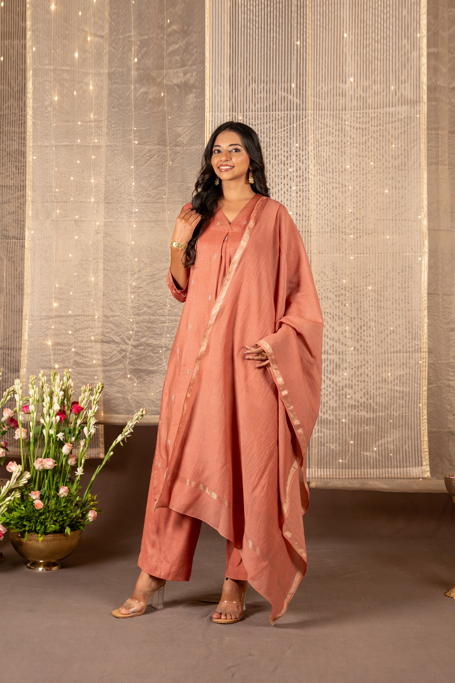 Ray Ethnic The Ira Rust Brown Cotton Silk Set of Three with Hand Embroidery