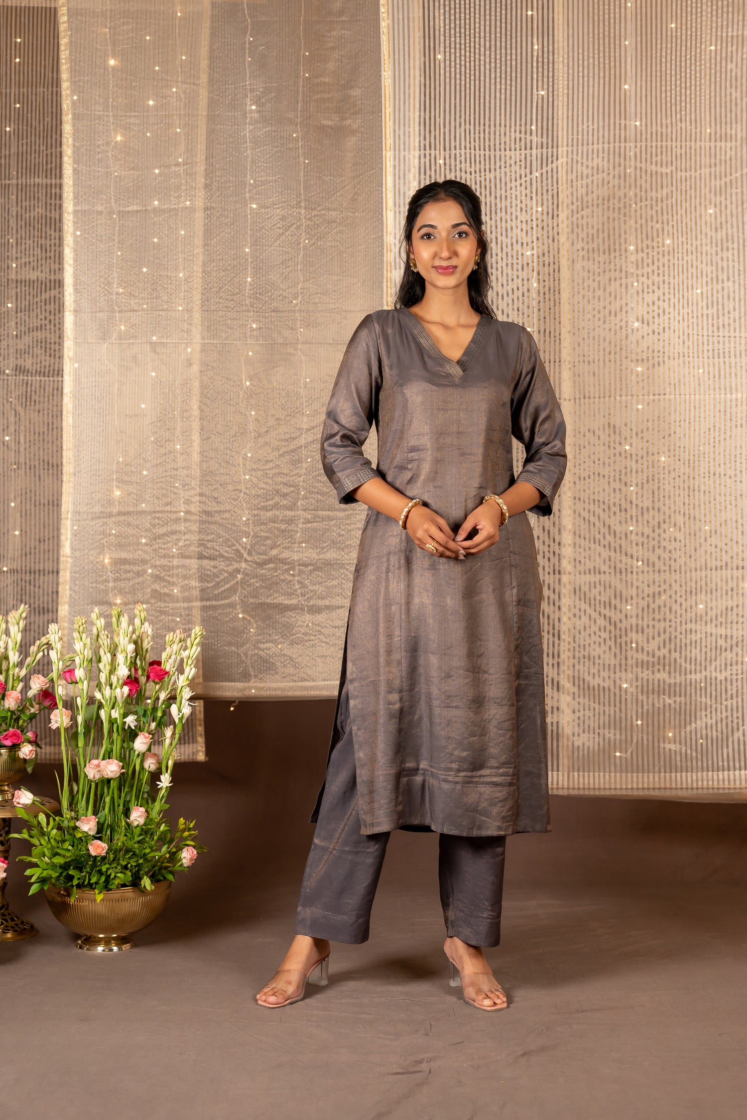 Ira Grey Silk Tissue Striped Kurta Set of 2 with Zari Detailing | Ray Ethnic