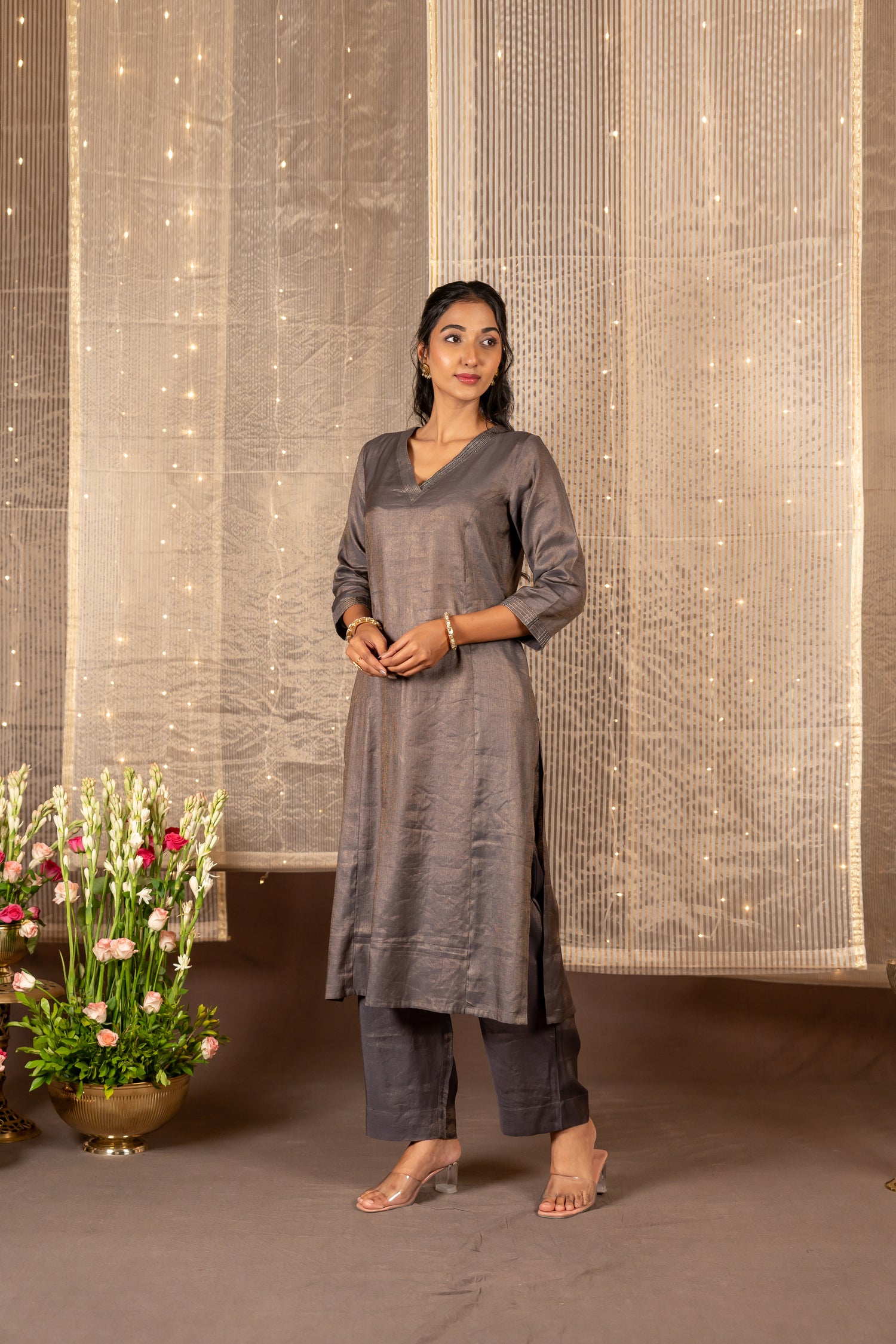 Ira Grey Silk Tissue Striped Kurta Set of 2 with Zari Detailing | Ray Ethnic
