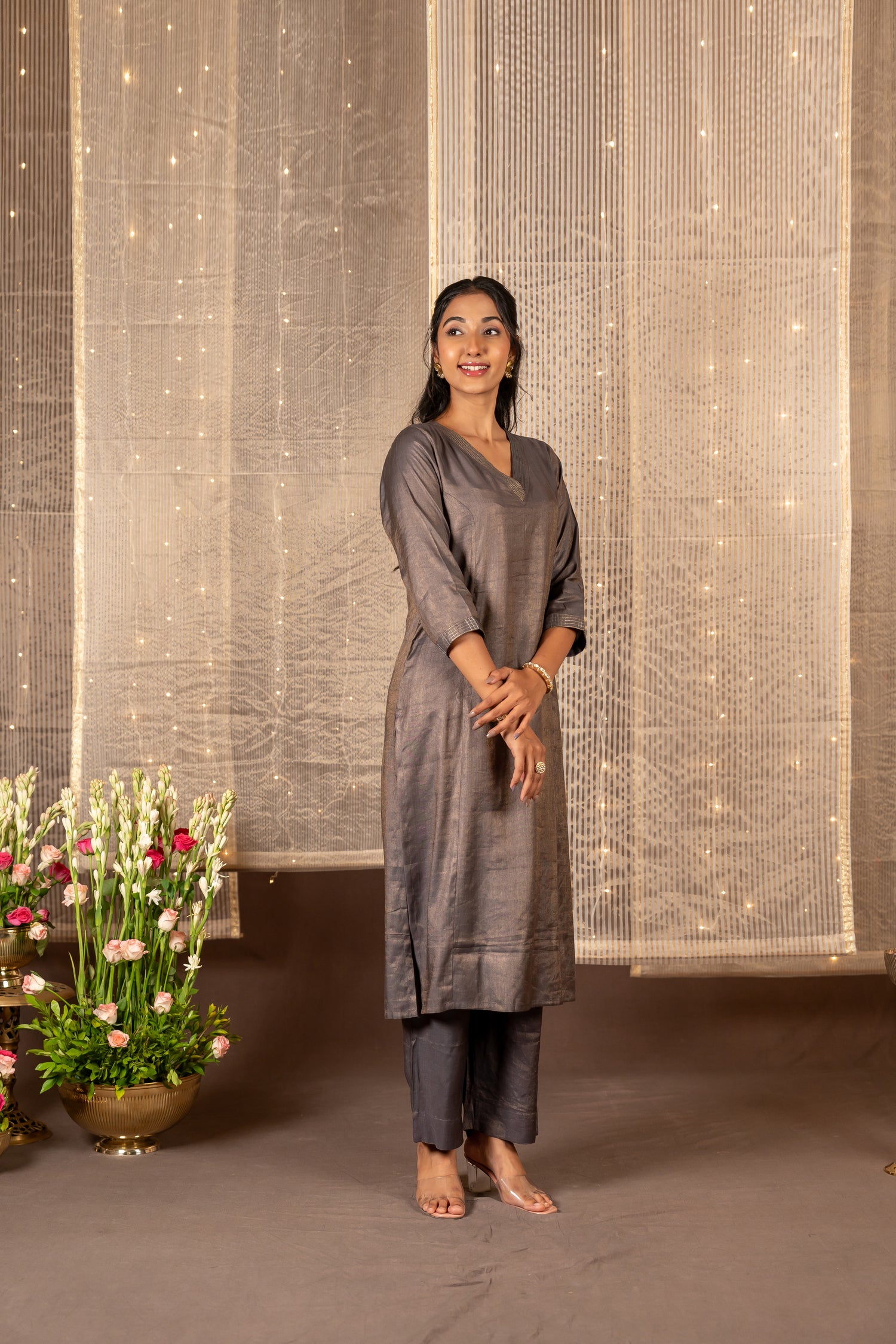 Ira Grey Silk Tissue Striped Kurta Set of 2 with Zari Detailing | Ray Ethnic