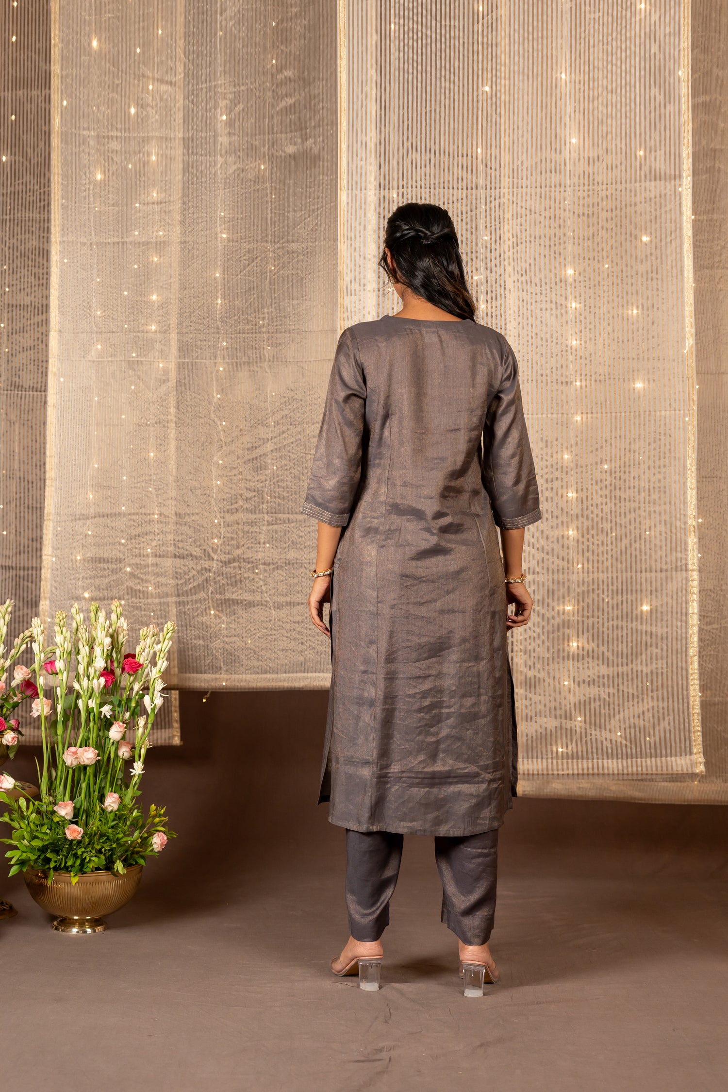 Ira Grey Silk Tissue Striped Kurta Set of 2 with Zari Detailing | Ray Ethnic