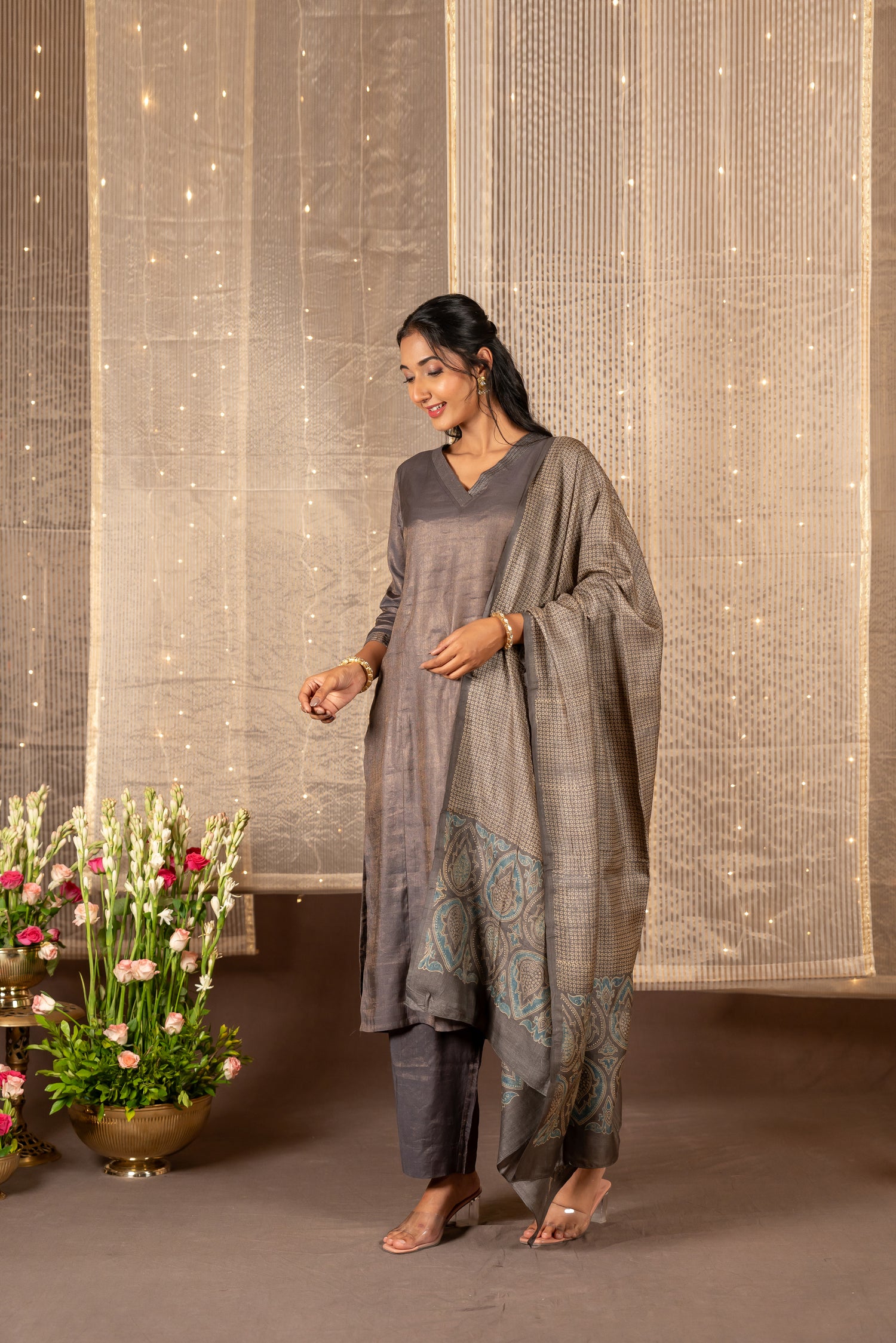Ira Grey Silk Tissue Striped Kurta Set of 2 with Zari Detailing | Ray Ethnic