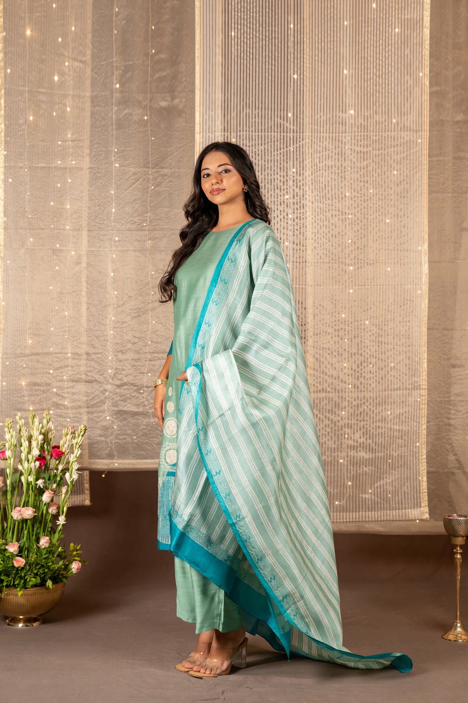 Ira Sea Green & Teal Blue Hand Embroidered Tasar Kurta Set of 3 with Zari | Ray Ethnic
