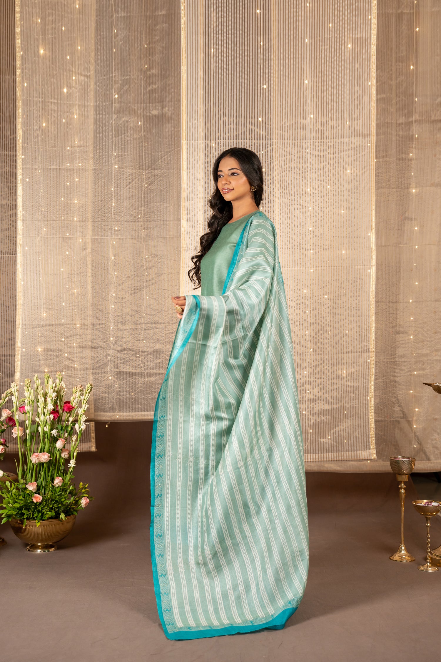 Ira Sea Green & Teal Blue Hand Embroidered Tasar Kurta Set of 3 with Zari | Ray Ethnic