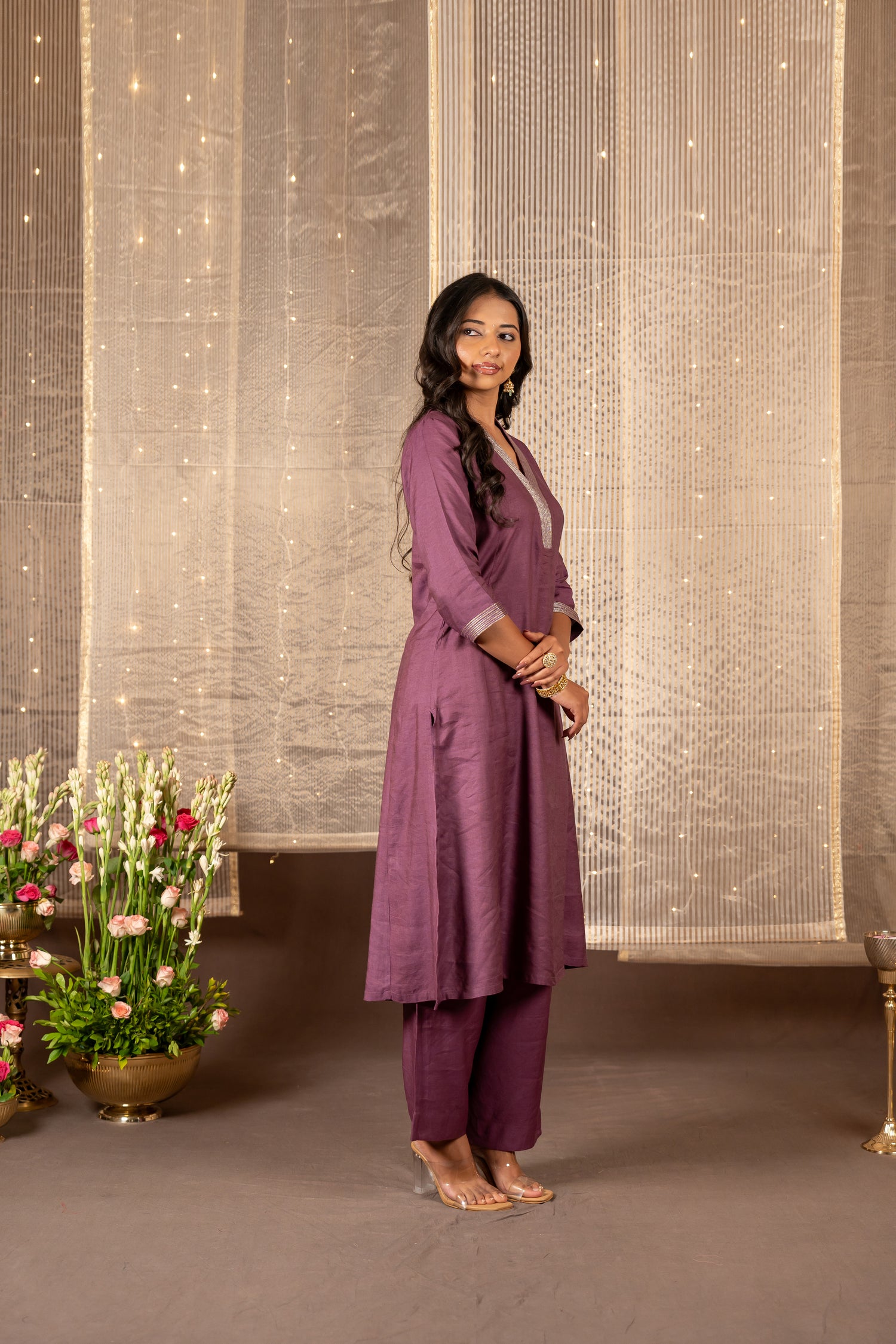 Ira Purple Silk Tissue Striped Kurta Set of 2 | Ray Ethnic