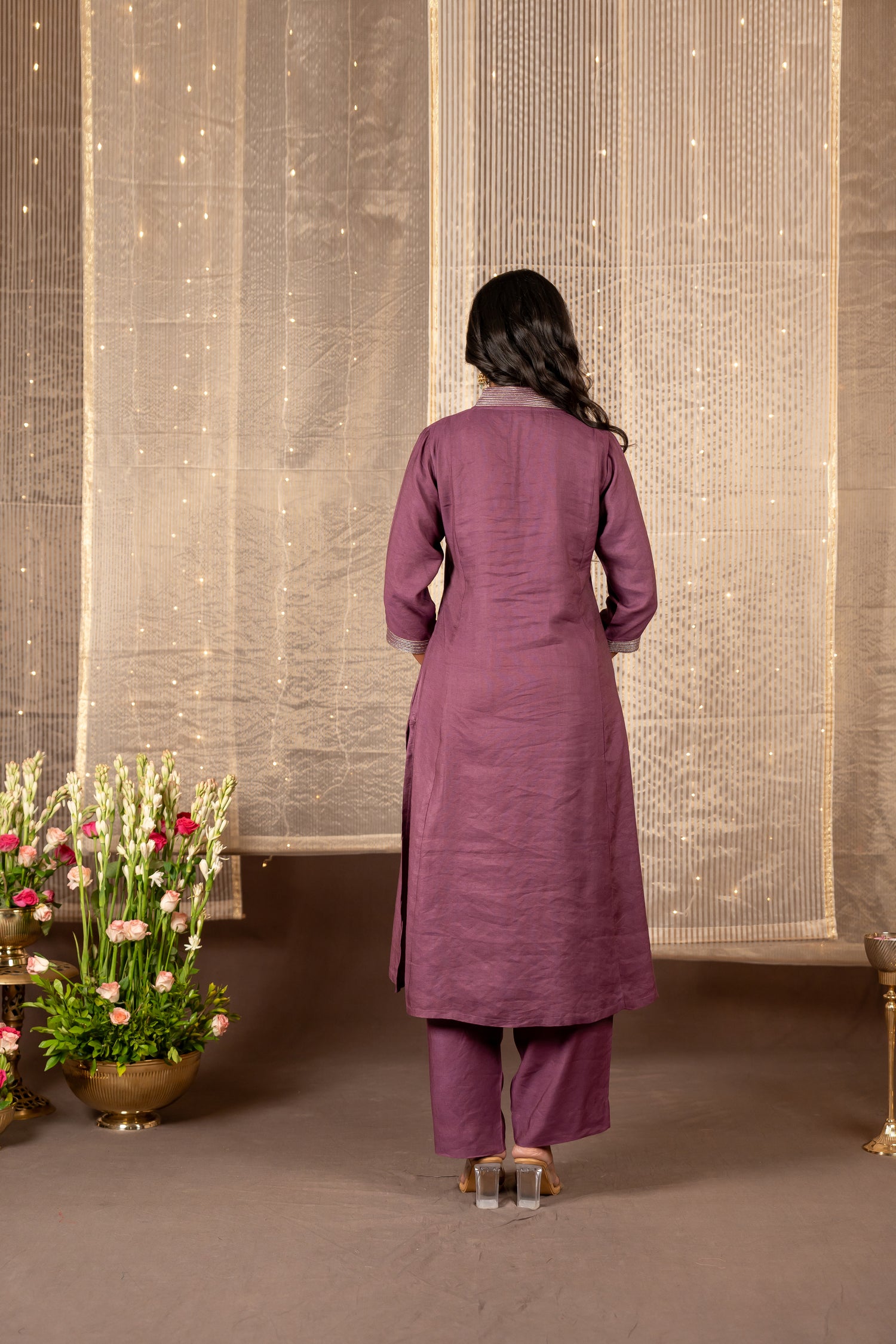 Ira Purple Silk Tissue Striped Kurta Set of 2 | Ray Ethnic