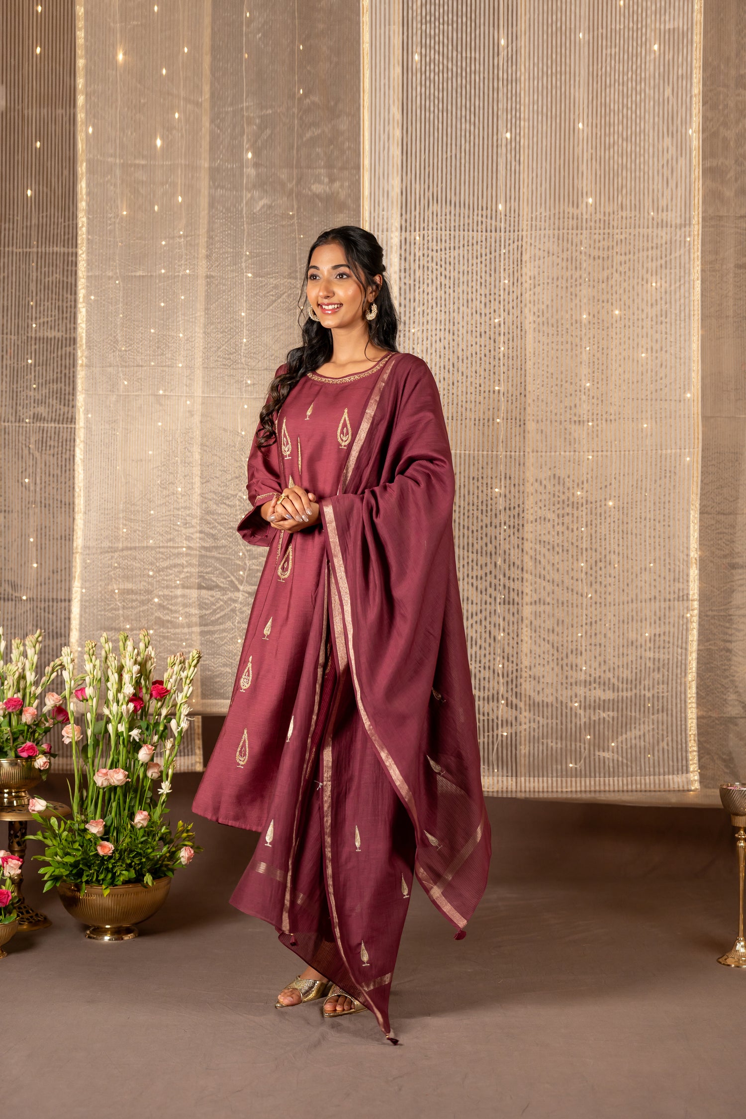 Ray Ethnic The Ira Sherbet Berry Cotton Silk Slub Set of Three with Embroidery