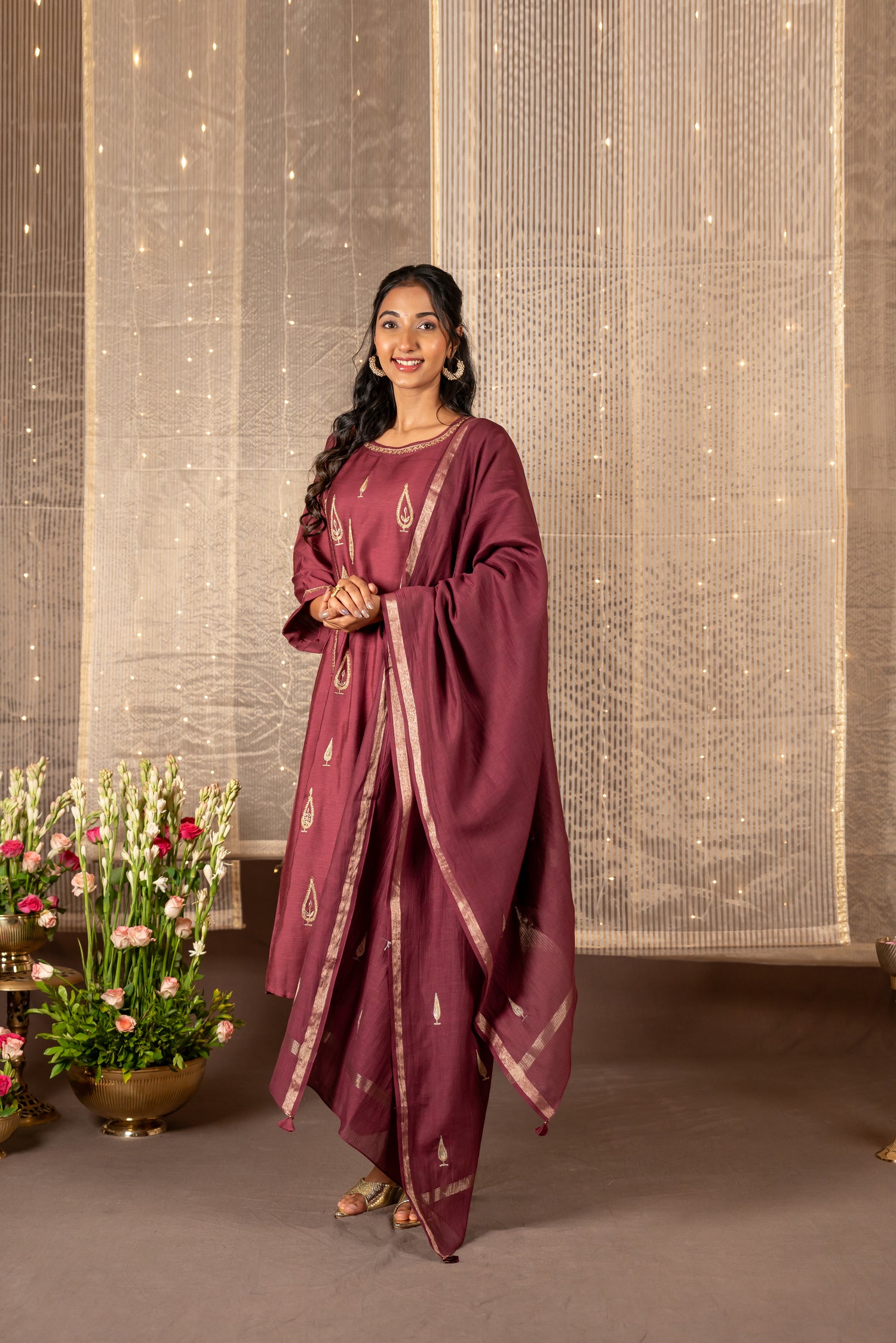 Ray Ethnic The Ira Sherbet Berry Cotton Silk Slub Set of Three with Embroidery