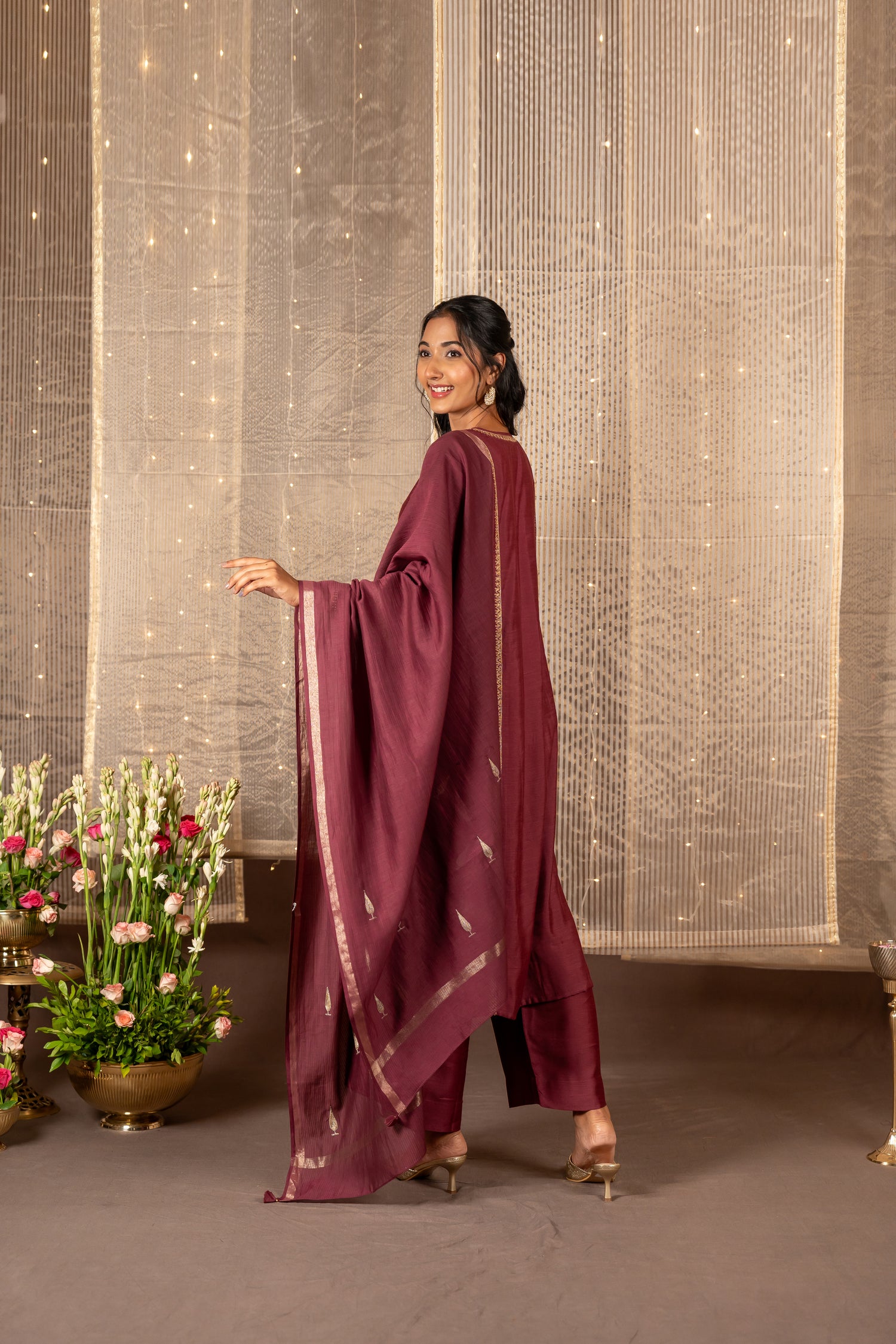 Ray Ethnic The Ira Sherbet Berry Cotton Silk Slub Set of Three with Embroidery
