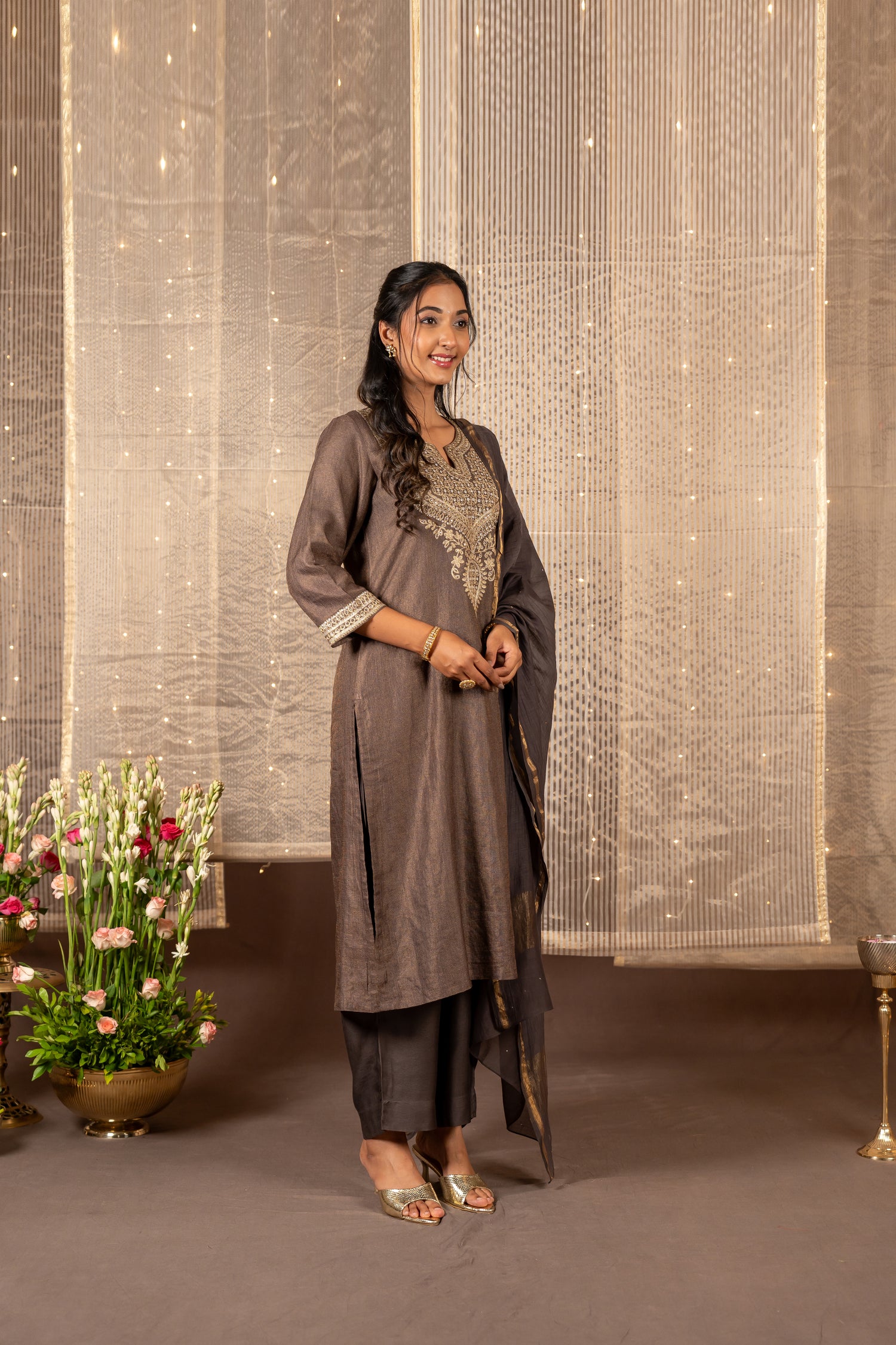 Ray Ethnic The Ira Chocolate Brown Silk Tissue Set of Three with Embroidery