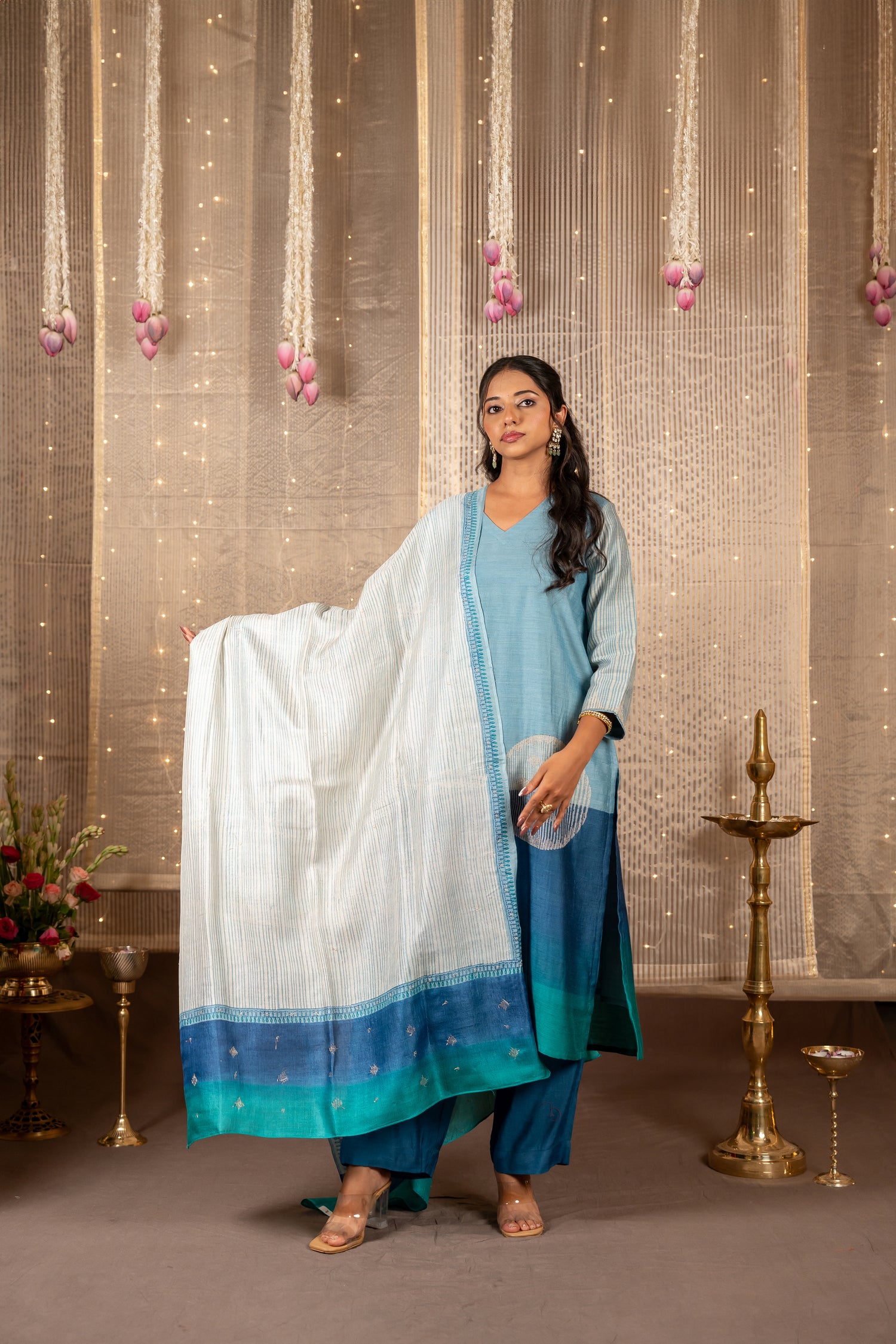 Ira Blue Grey Hand Embroidered Tasar Kurta Set of 3 | Ray Ethnic