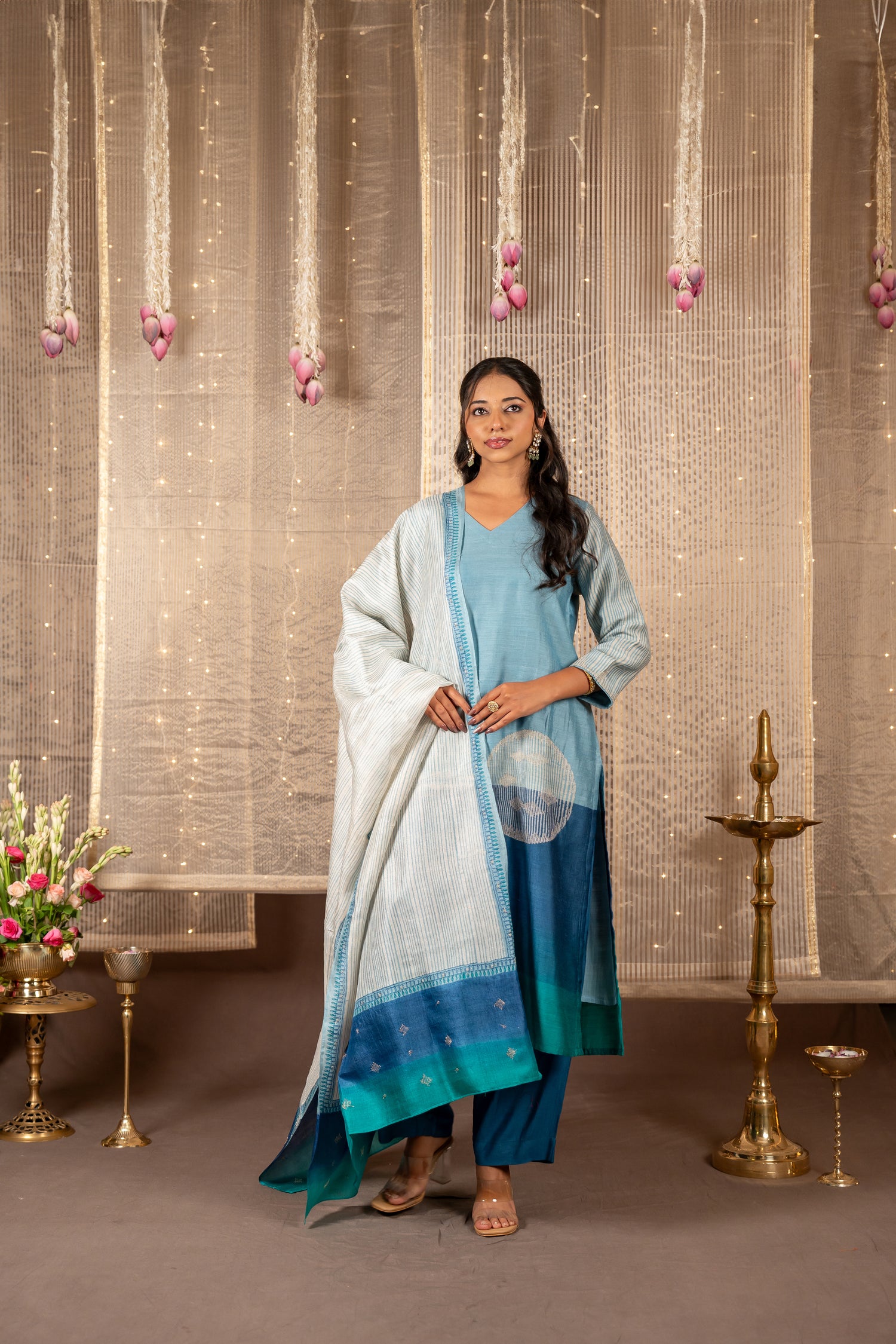 Ira Blue Grey Hand Embroidered Tasar Kurta Set of 3 | Ray Ethnic