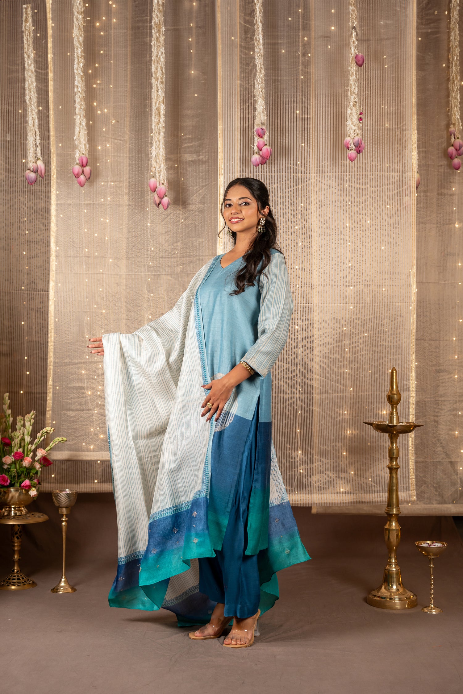Ira Blue Grey Hand Embroidered Tasar Kurta Set of 3 | Ray Ethnic