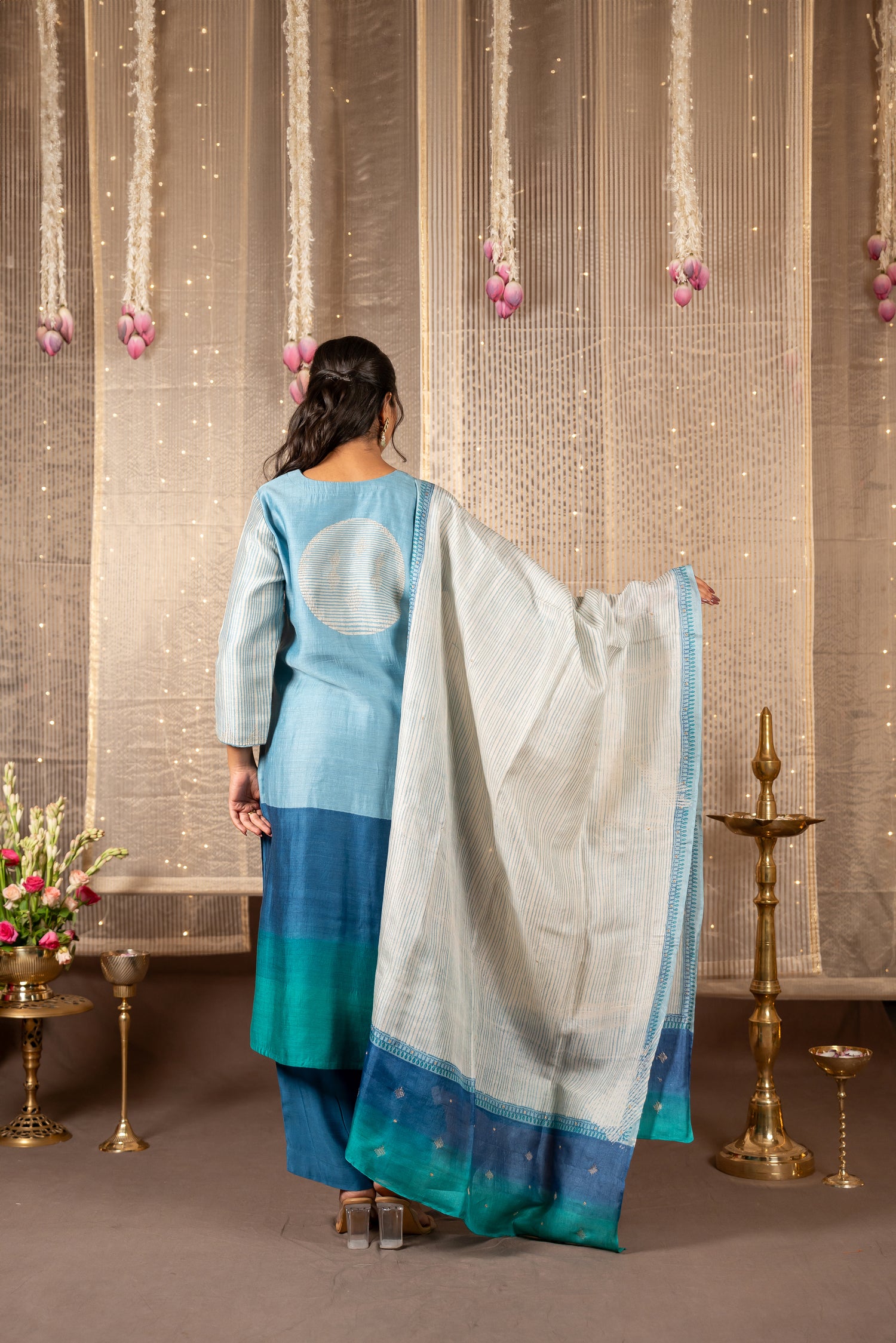 Ira Blue Grey Hand Embroidered Tasar Kurta Set of 3 | Ray Ethnic