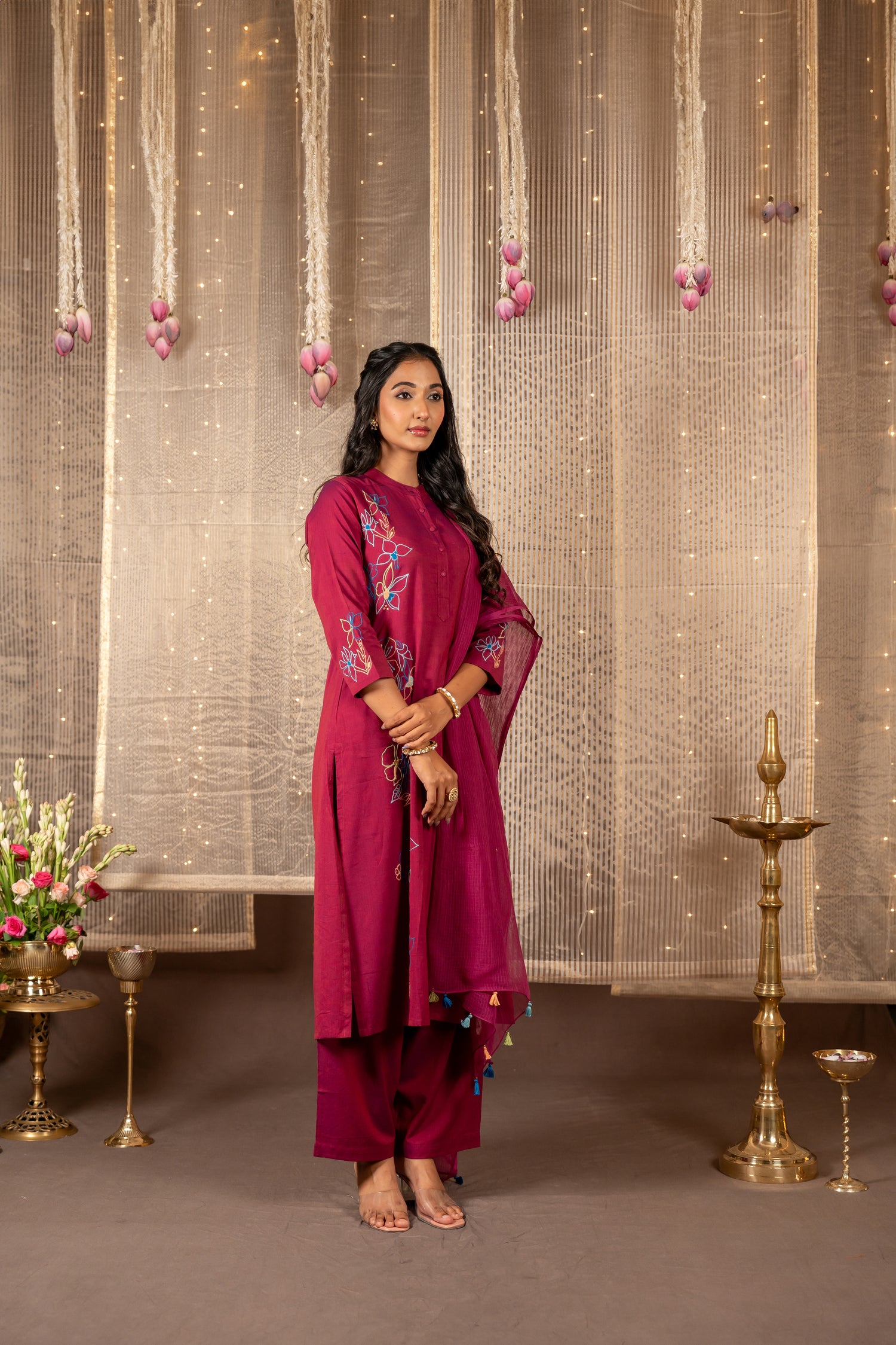Ray Ethnic The Ira Magenta Cotton Set of Two with Hand Embroidery