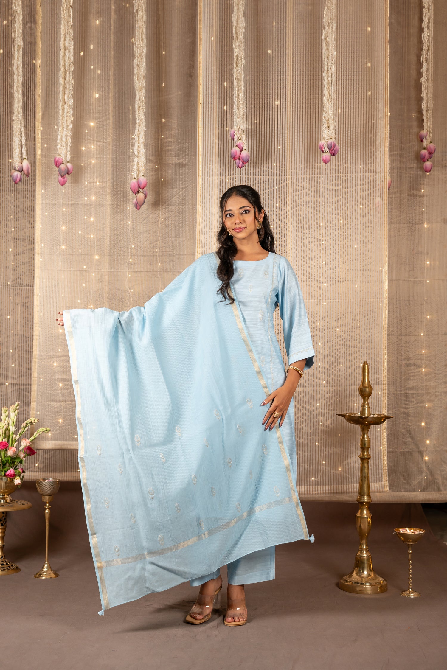 Ray Ethnic The Ira Sky Blue Cotton Silk Slub Set of Three with Hand Embroidery