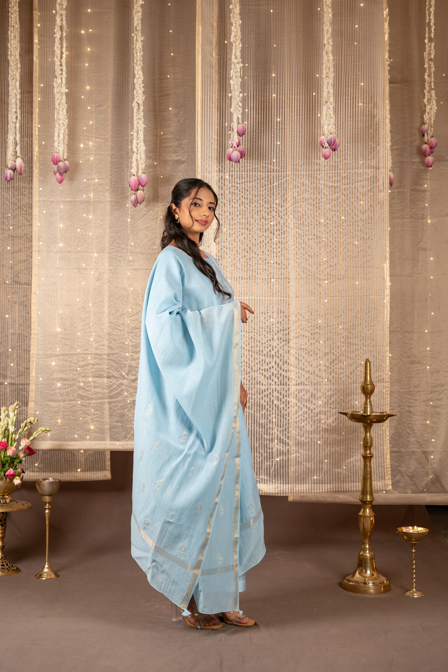 Ray Ethnic The Ira Sky Blue Cotton Silk Slub Set of Three with Hand Embroidery