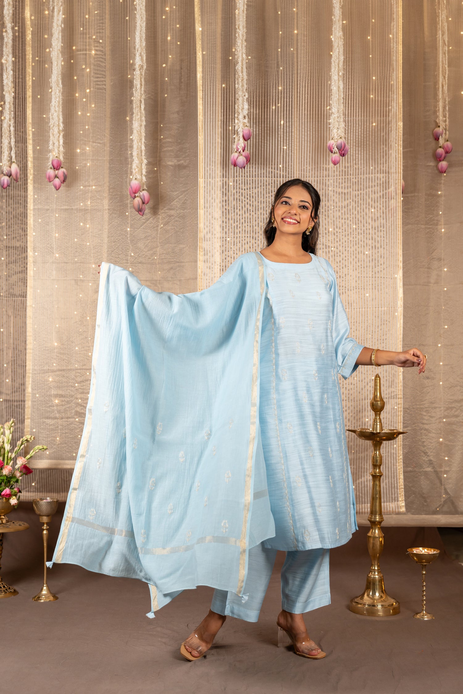Ray Ethnic The Ira Sky Blue Cotton Silk Slub Set of Three with Hand Embroidery