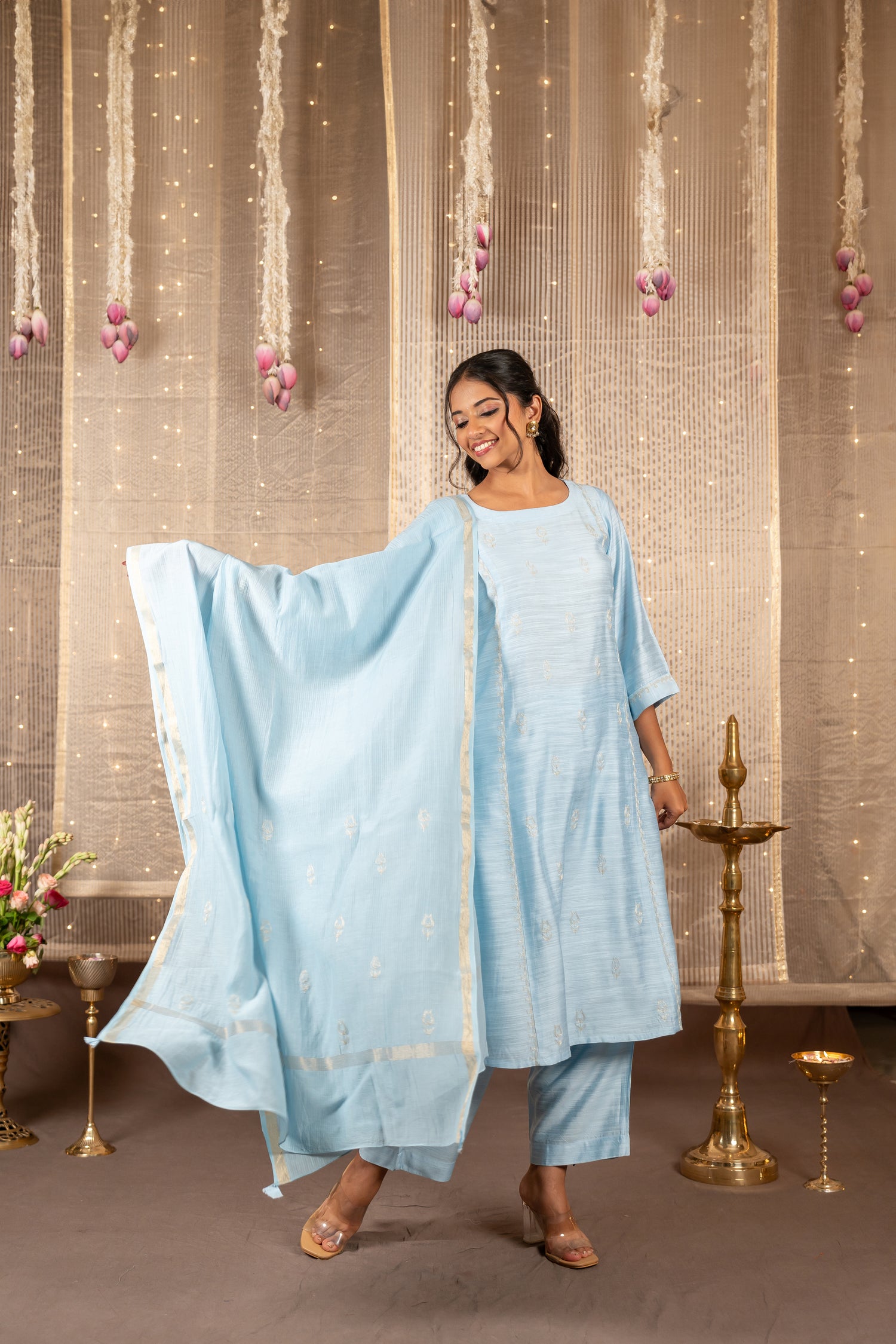 Ray Ethnic The Ira Sky Blue Cotton Silk Slub Set of Three with Hand Embroidery