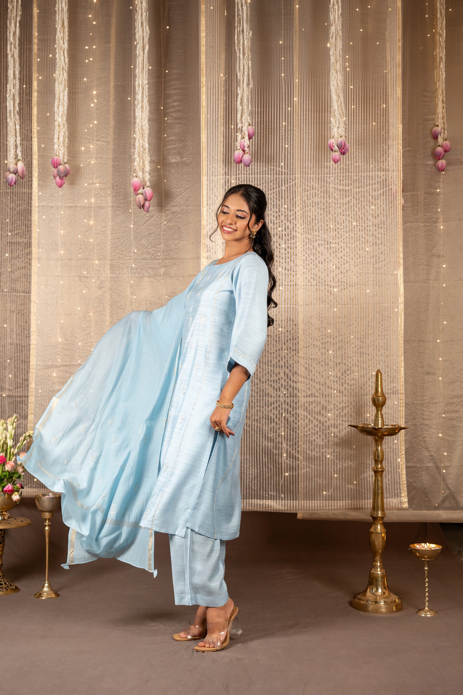 Ray Ethnic The Ira Sky Blue Cotton Silk Slub Set of Three with Hand Embroidery