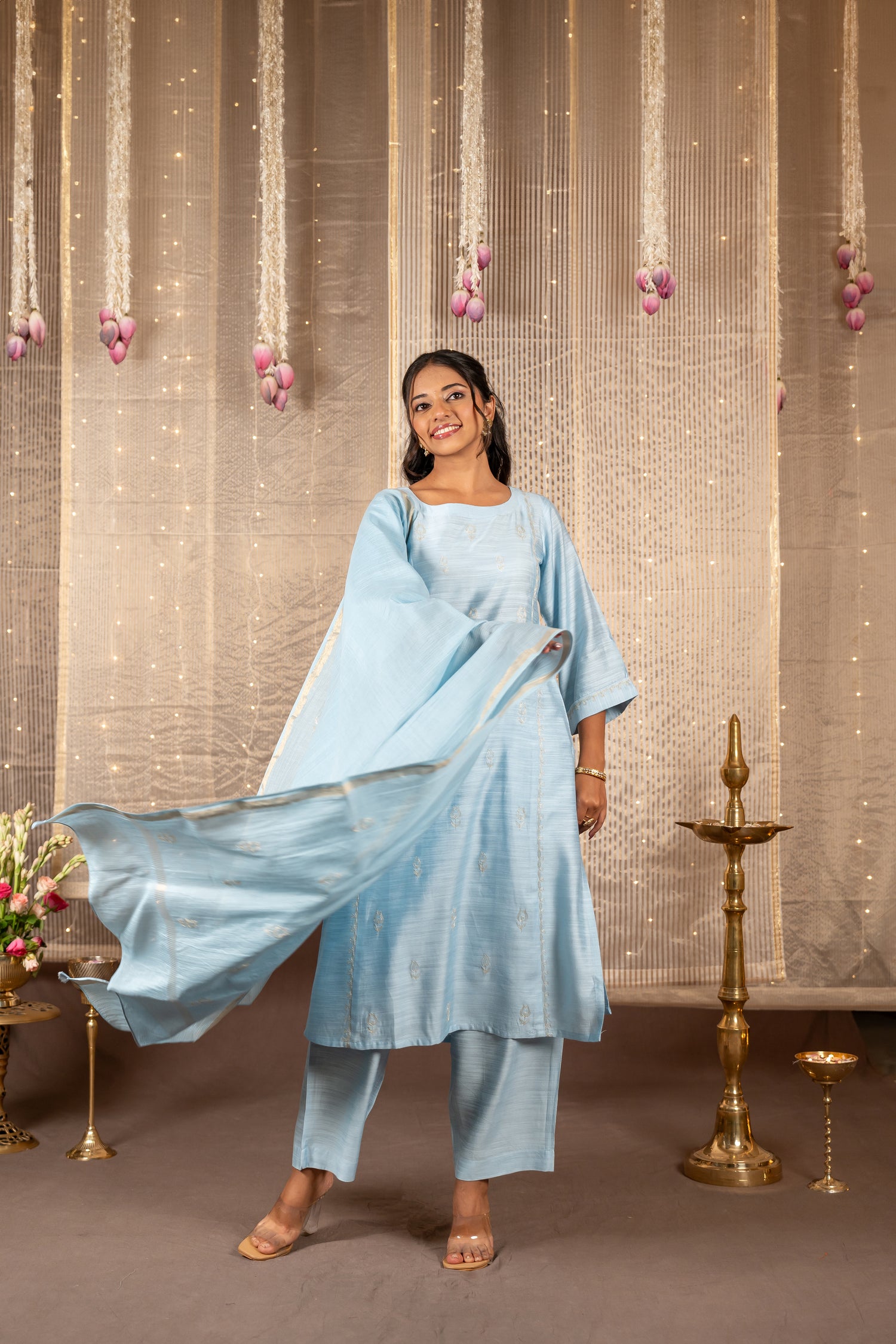 Ray Ethnic The Ira Sky Blue Cotton Silk Slub Set of Three with Hand Embroidery