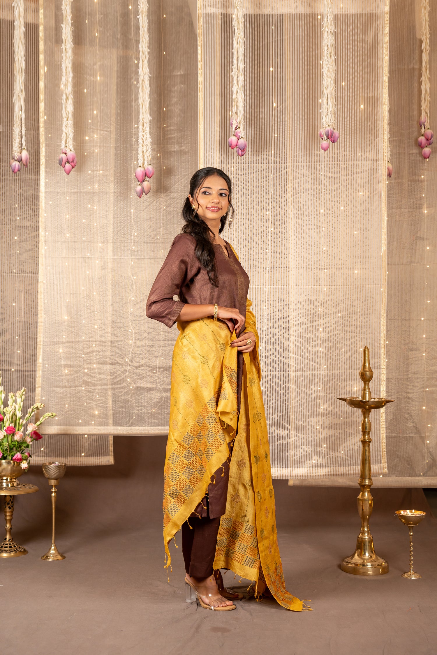 Ira Brown Block Print Chanderi Silk Kurta Set of 2 with Zari Detailing | Ray Ethnic