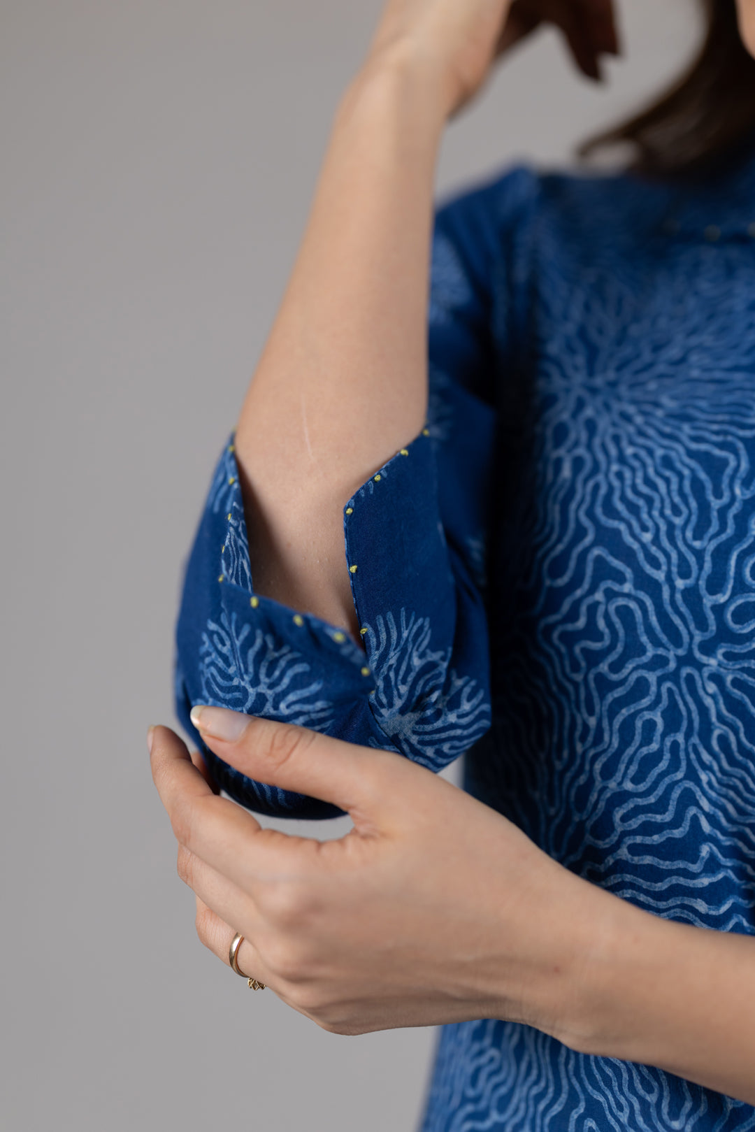 Dabu Block Print Flowy Dress in Blue with Pockets - Kai