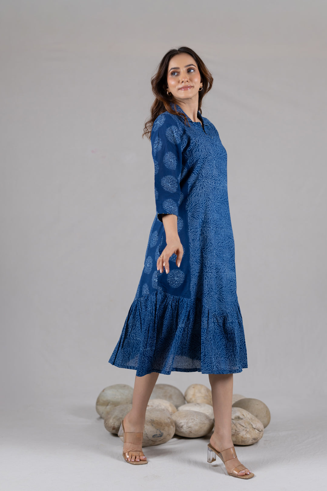 Dabu Block Print Flowy Dress in Blue with Pockets - Kai