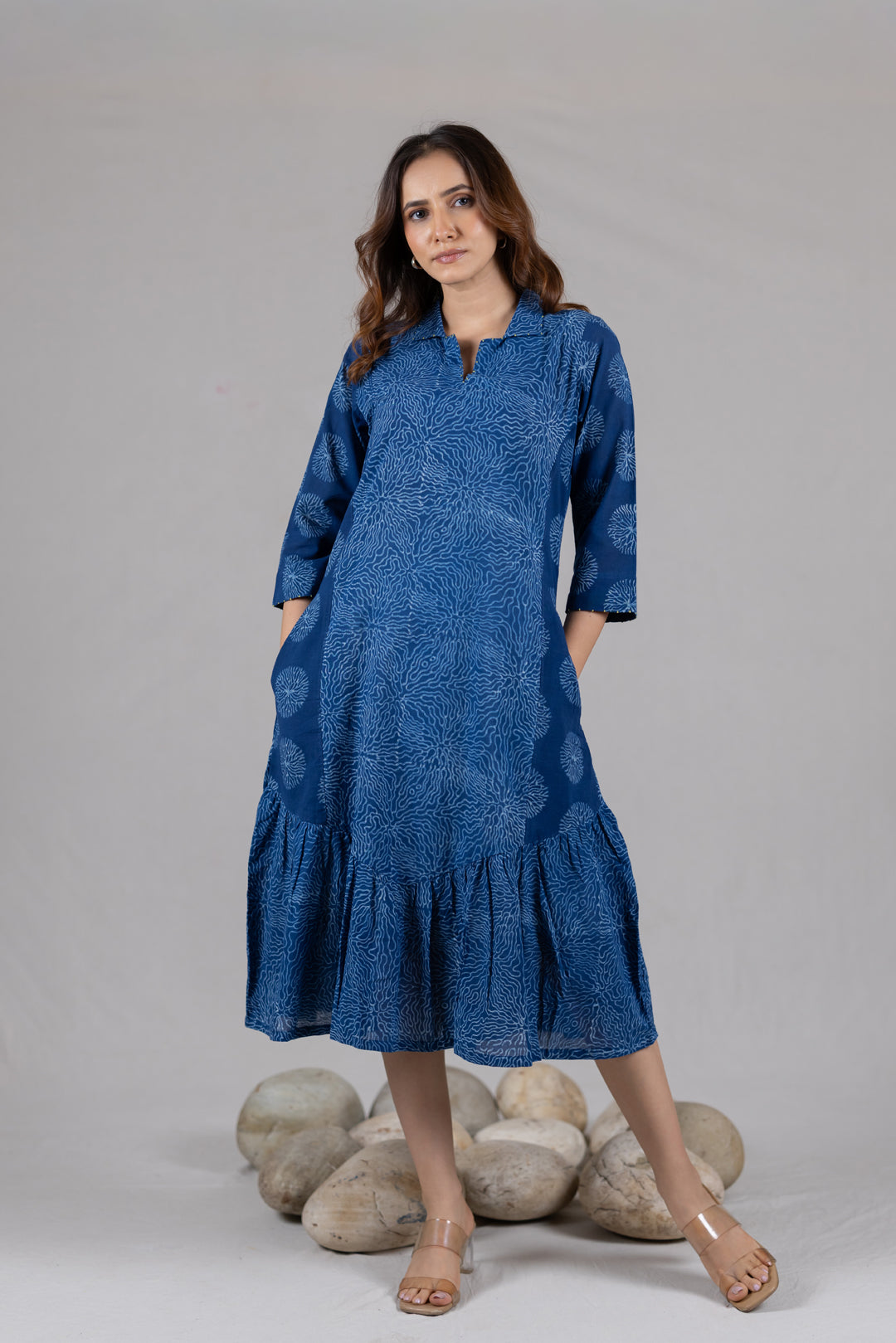 Dabu Block Print Flowy Dress in Blue with Pockets - Kai