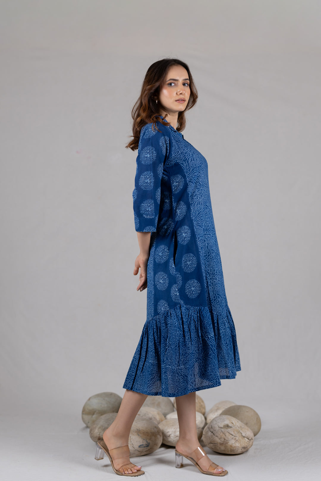 Dabu Block Print Flowy Dress in Blue with Pockets - Kai