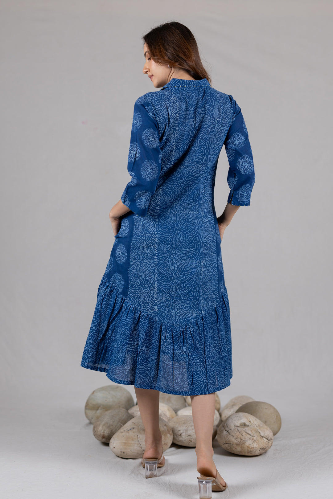 Dabu Block Print Flowy Dress in Blue with Pockets - Kai