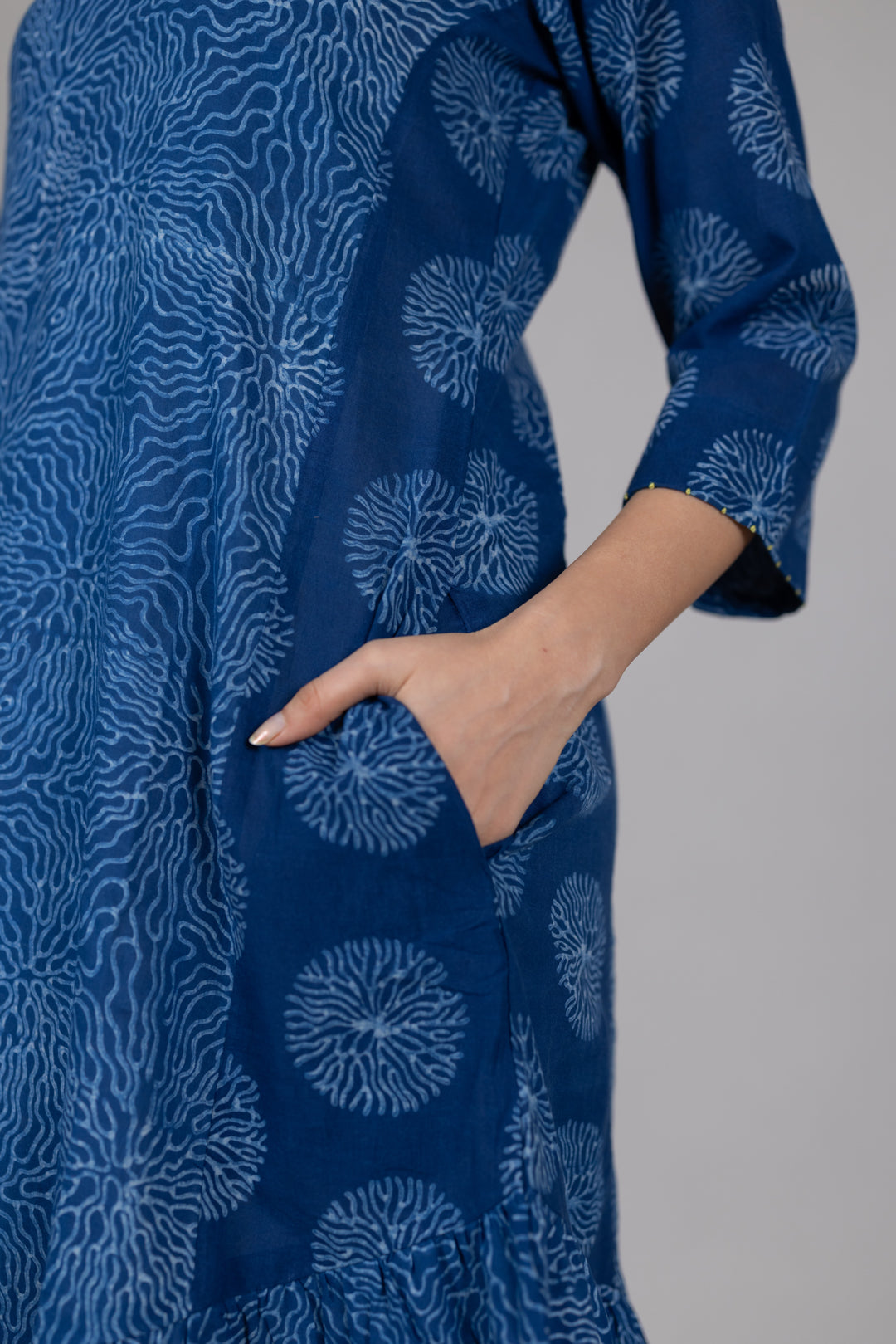 Dabu Block Print Flowy Dress in Blue with Pockets - Kai