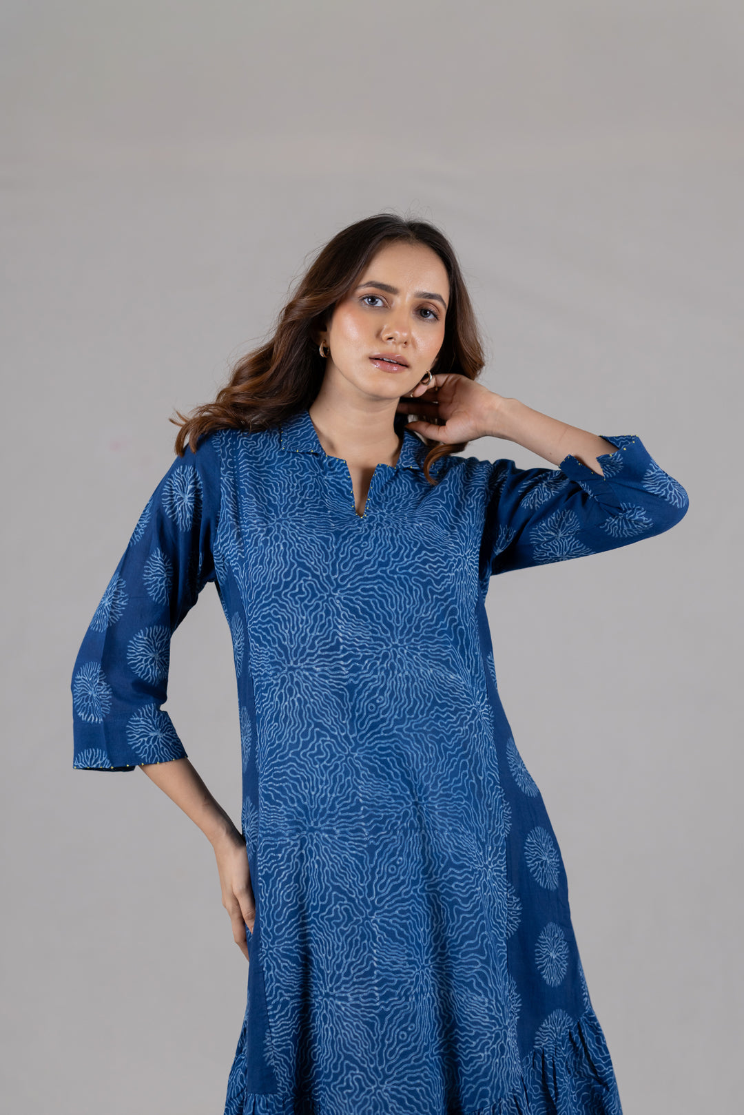 Dabu Block Print Flowy Dress in Blue with Pockets - Kai