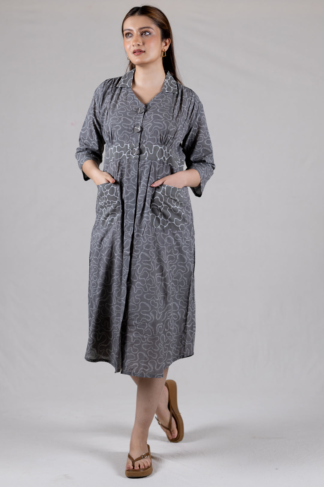 Dabu Cotton Print Flowy Dress in Grey with Pockets - Kai