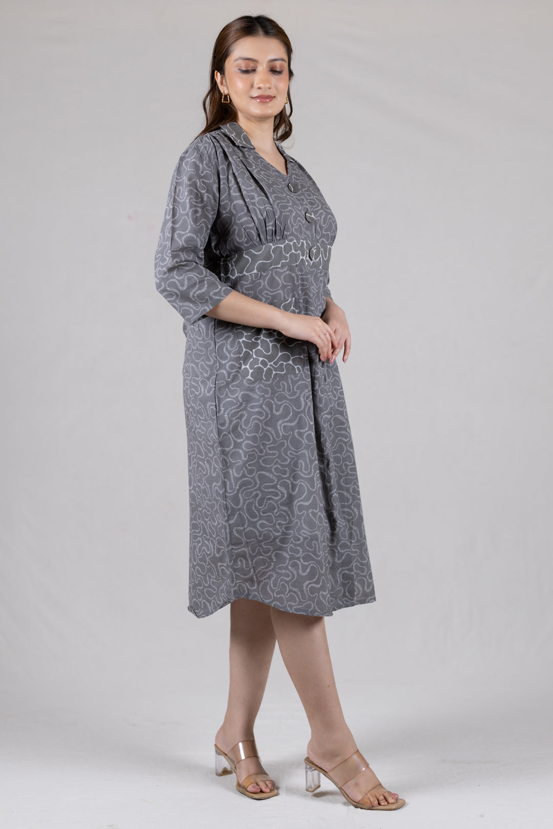 Dabu Cotton Print Flowy Dress in Grey with Pockets - Kai