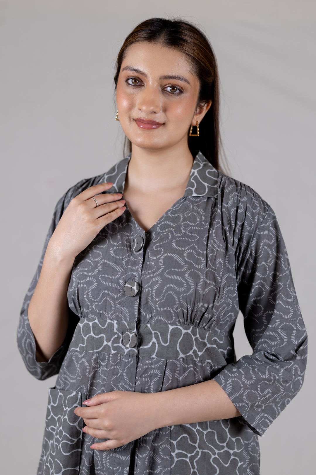Dabu Cotton Print Flowy Dress in Grey with Pockets - Kai