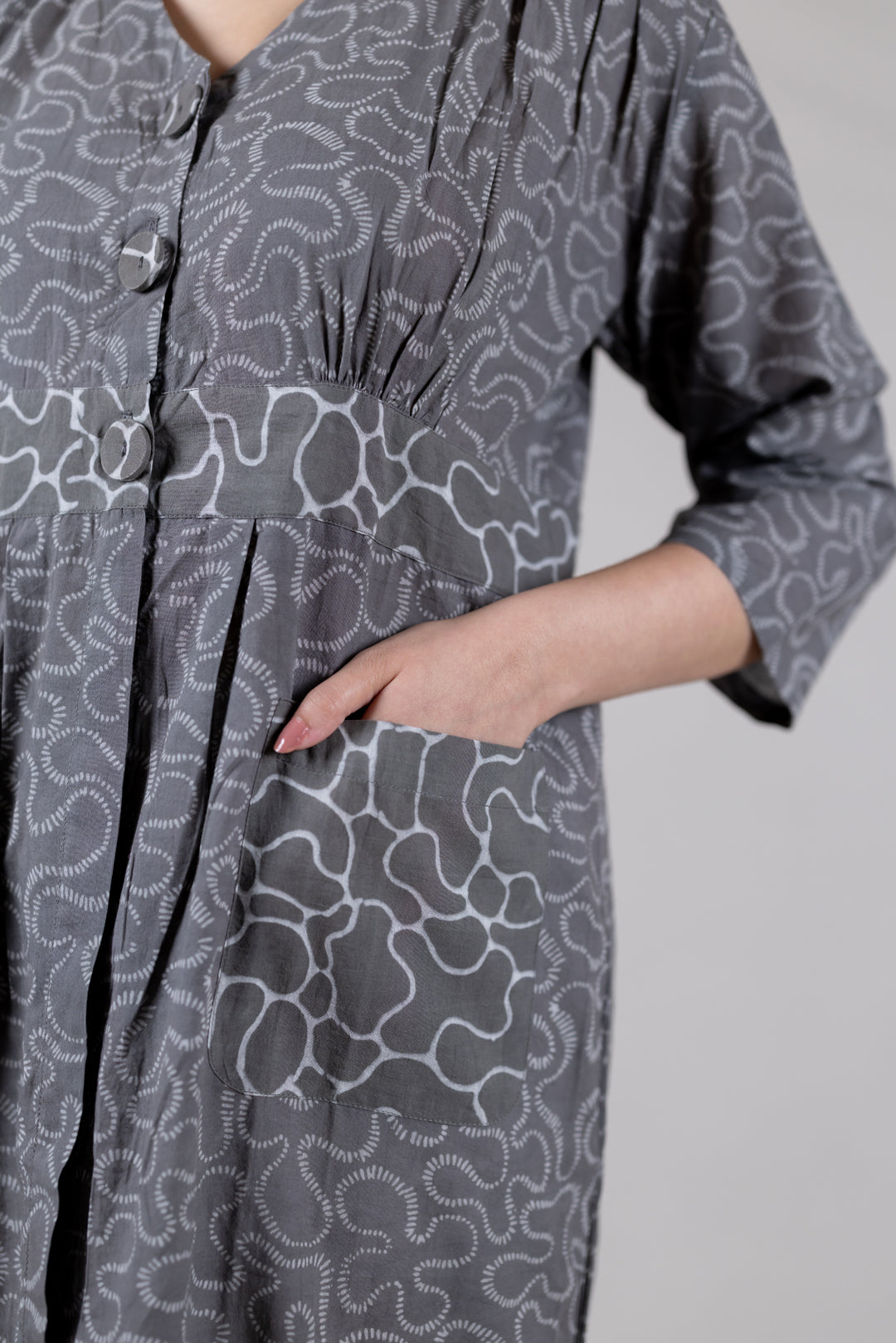 Dabu Cotton Print Flowy Dress in Grey with Pockets - Kai